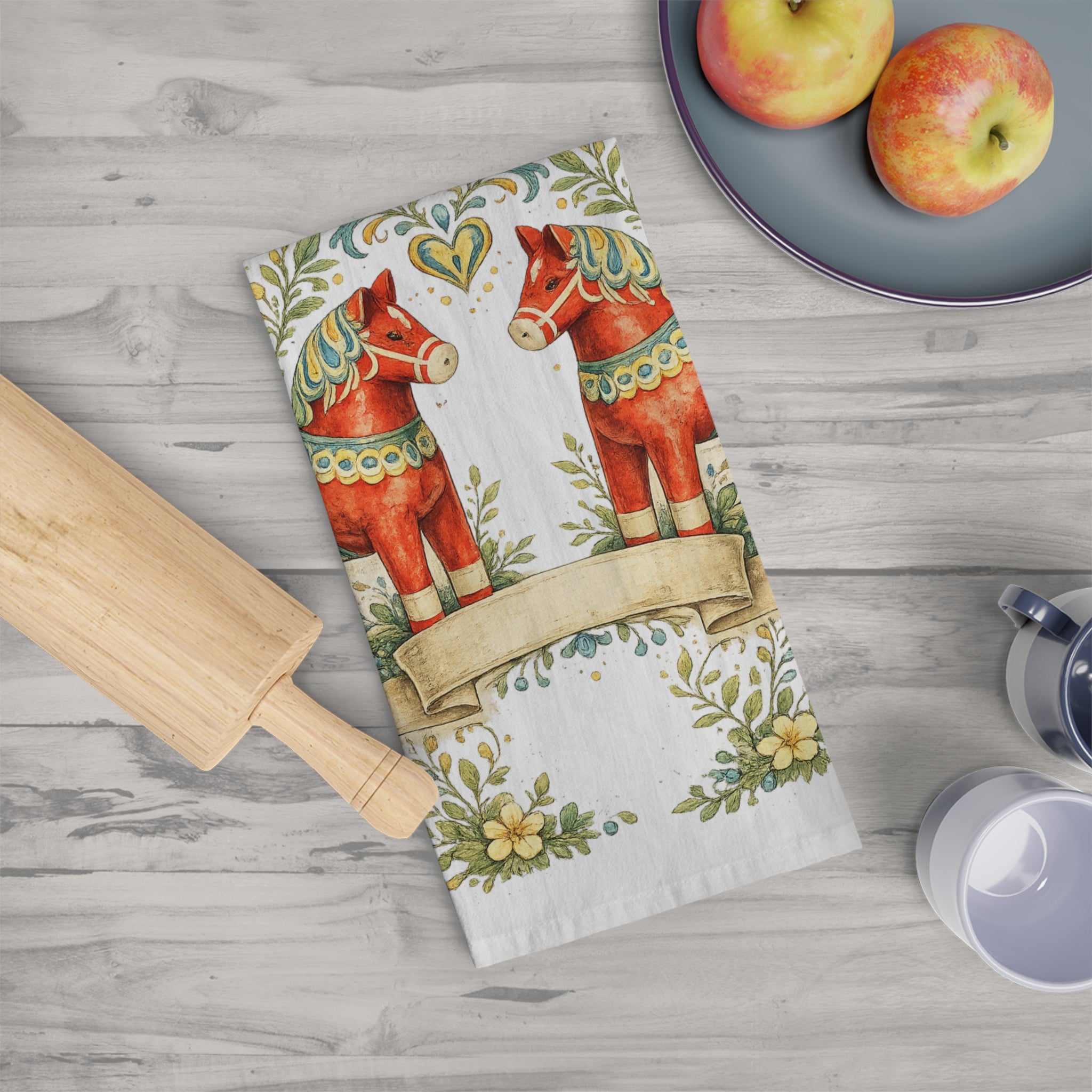 Scandinavian Dala Horse Tea Towel – Rustic Folk Art Kitchen Linen