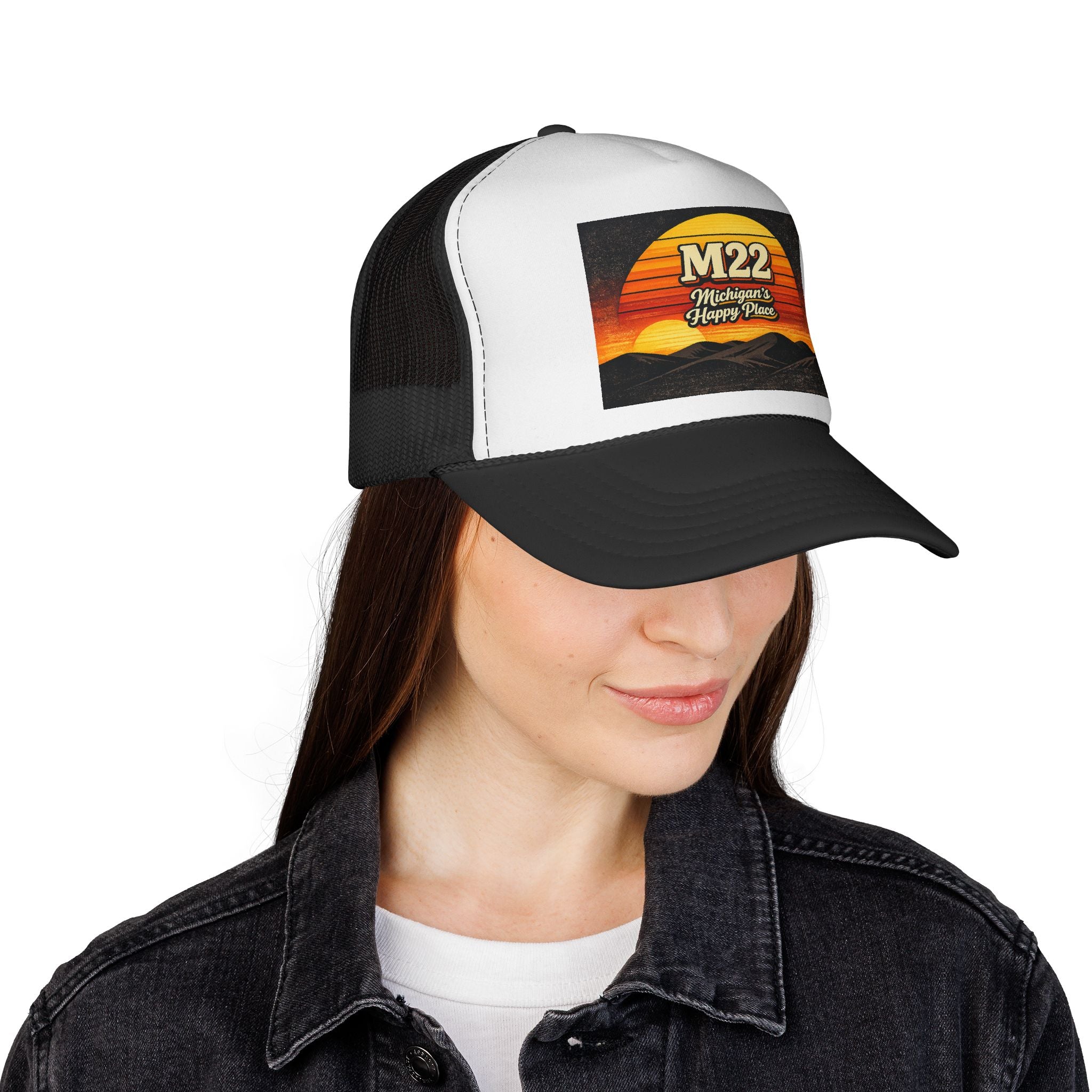 M22 Michigan’s Happy Place Trucker Cap — Retro Sunset Road-Trip Hat