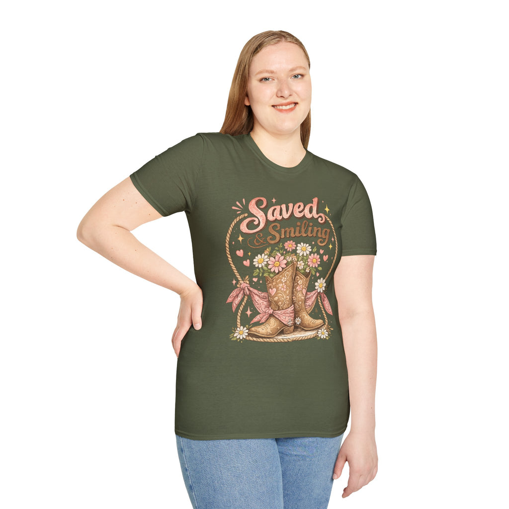 T-Shirt — "Saved & Smiling" Floral Cowboy Boots Christian Graphic Tee
