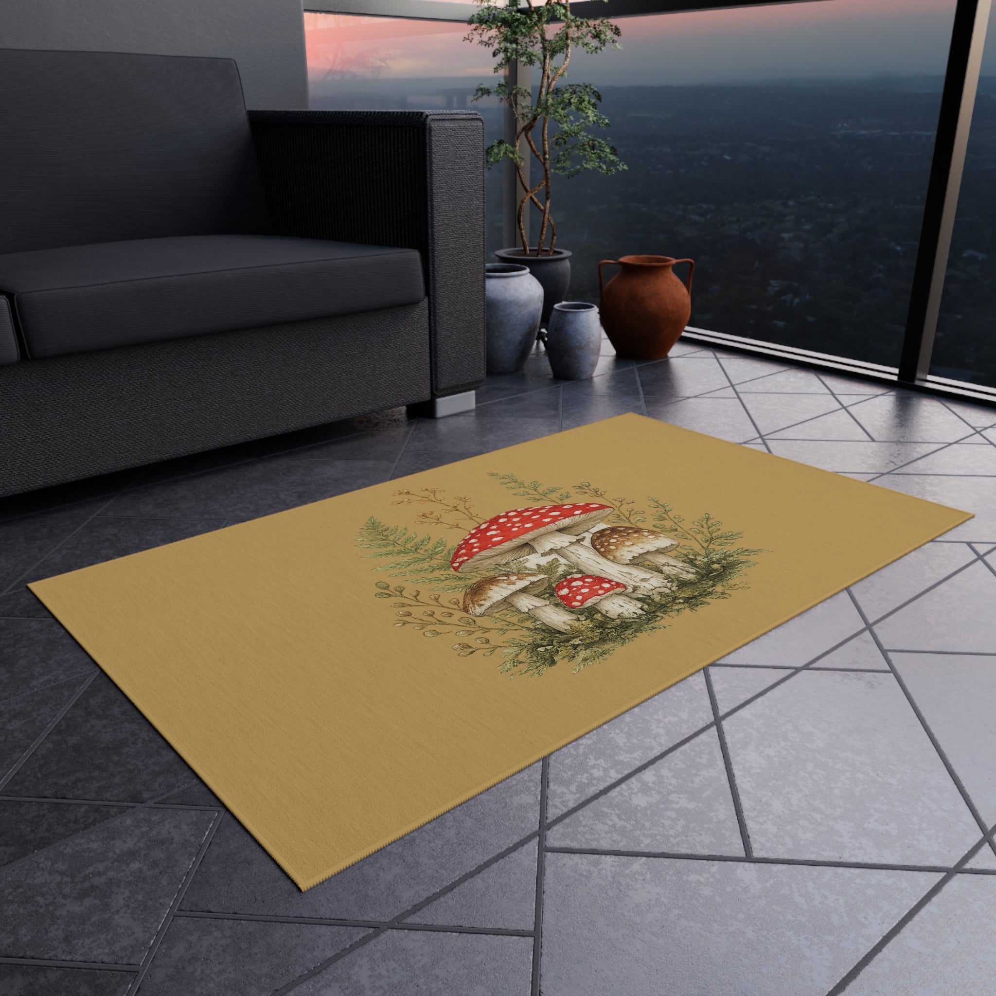 Mushroom Garden Outdoor Rug — Woodland Doormat for Patio & Entryway