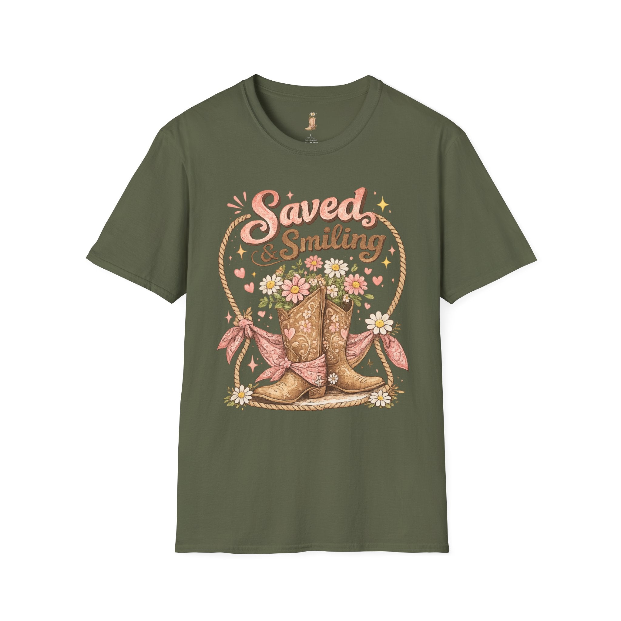 T-Shirt — "Saved & Smiling" Floral Cowboy Boots Christian Graphic Tee