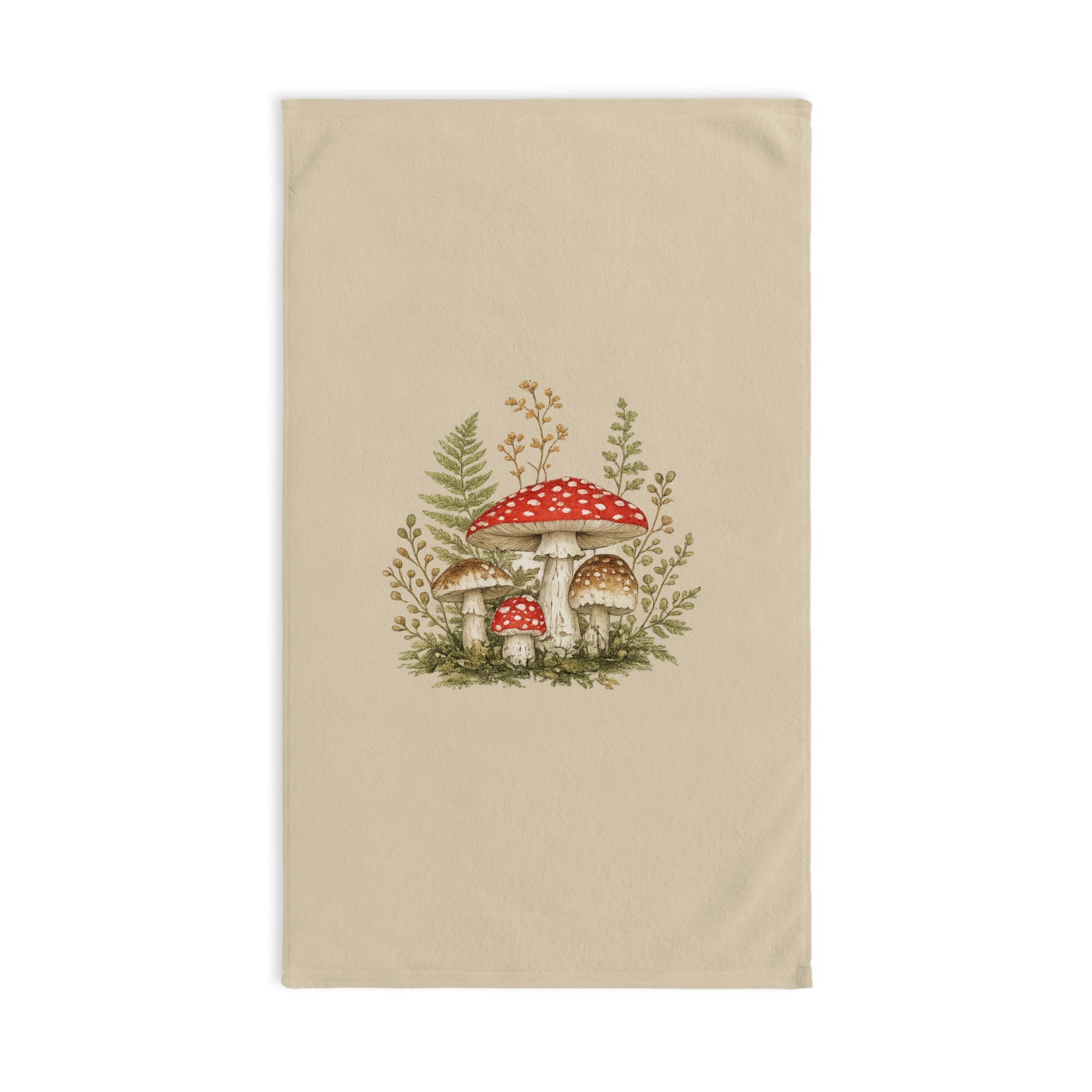 Mushroom Garden Hand Towel — Vintage Red Toadstool Kitchen Towel