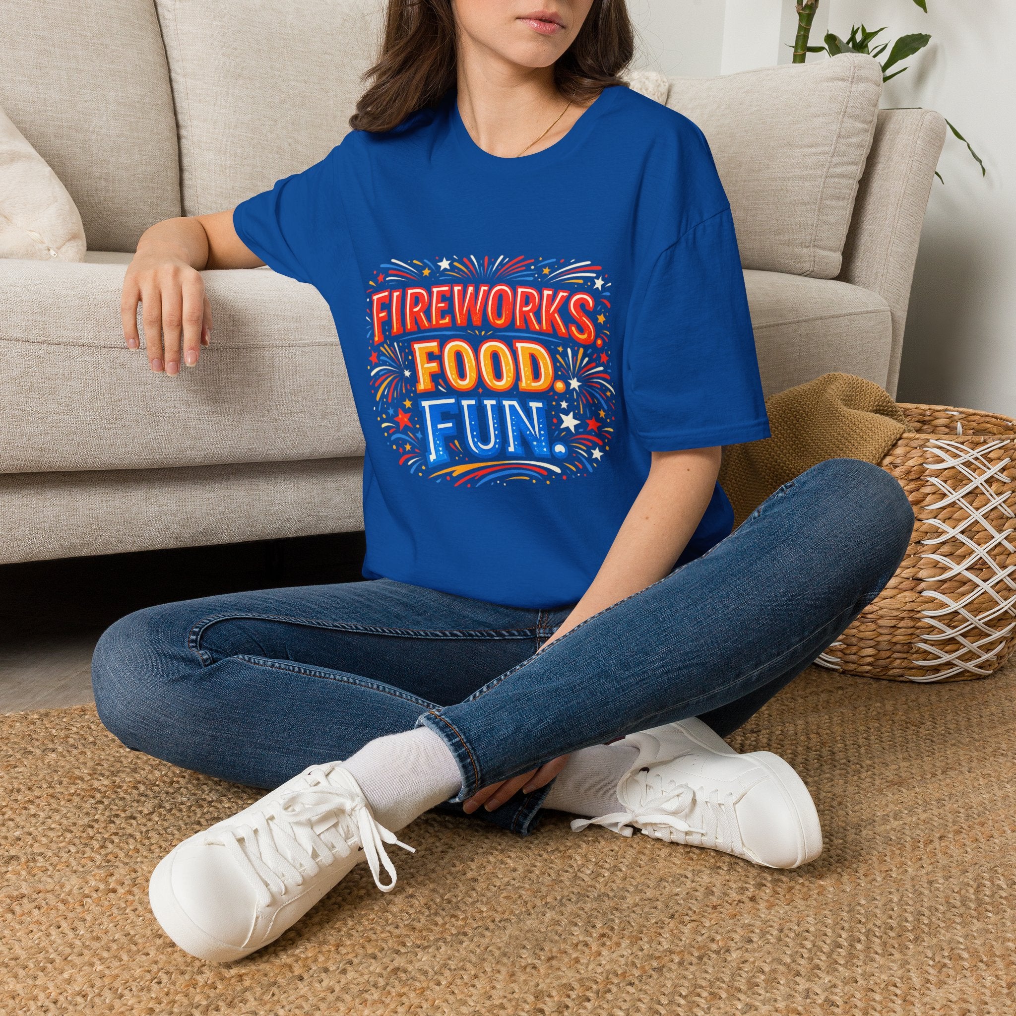 Fireworks, Food & Fun T-Shirt — 4th of July Celebration Tee