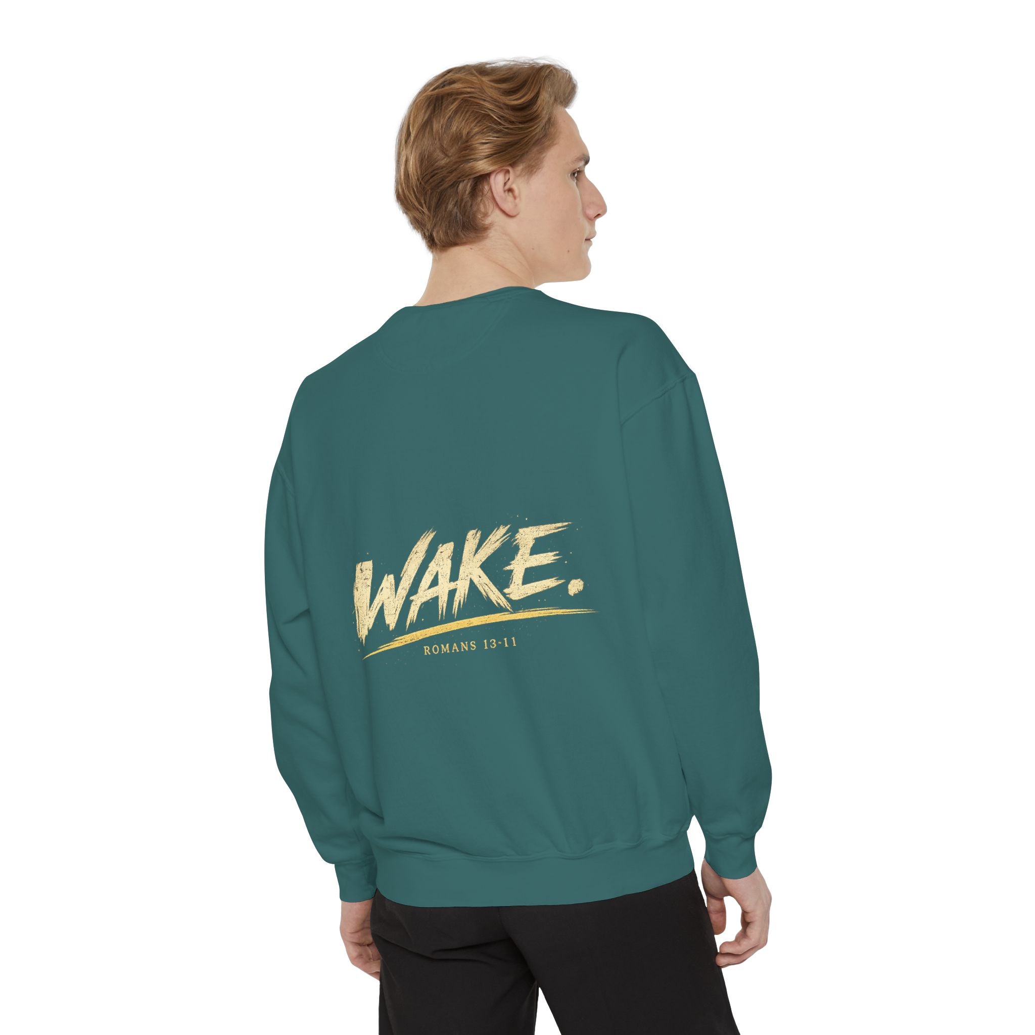 Christian Sweatshirt — “Don’t Be Alarmed, I’m Right Beside You” Inspirational Crewneck (Wake Back Print)