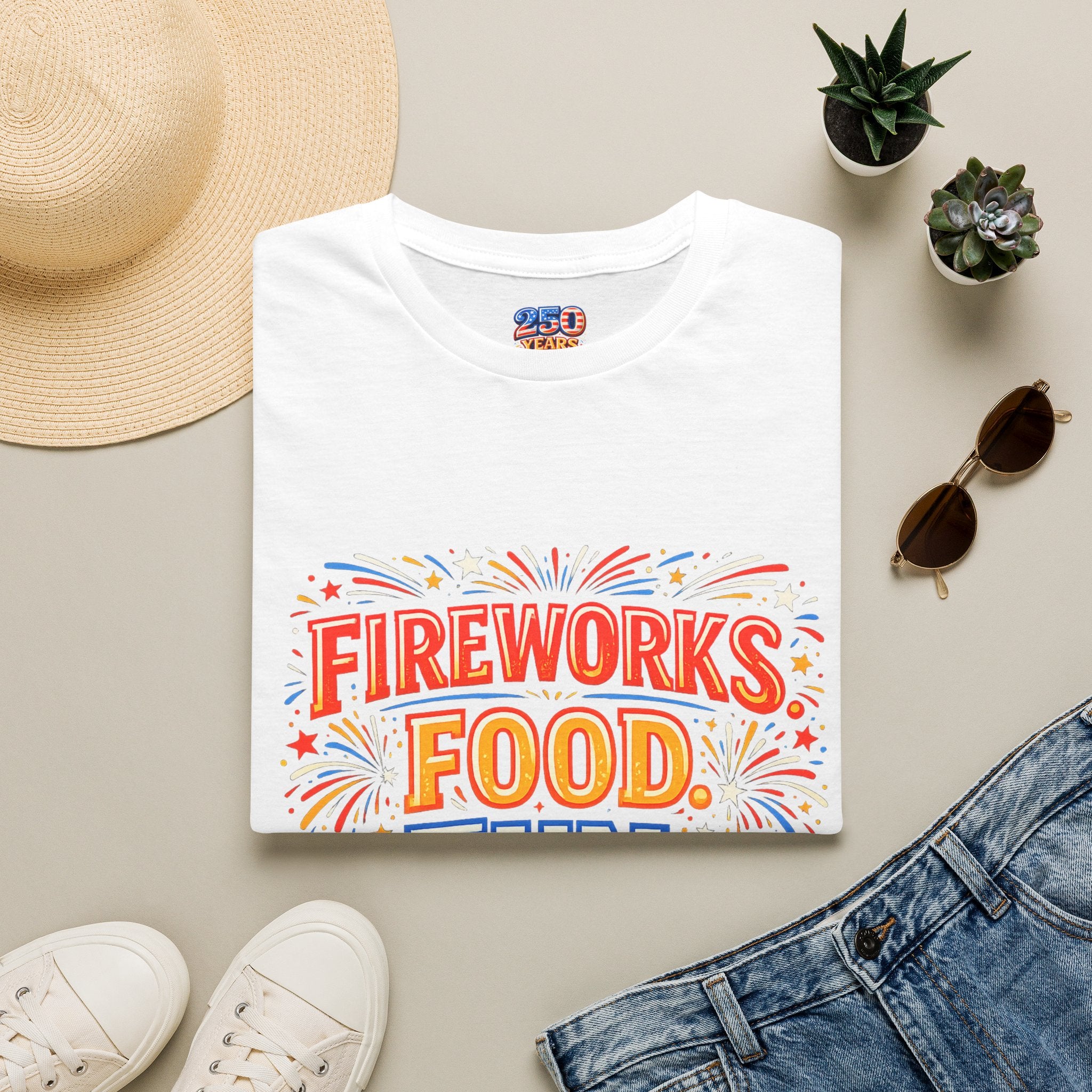 Fireworks, Food & Fun T-Shirt — 4th of July Celebration Tee