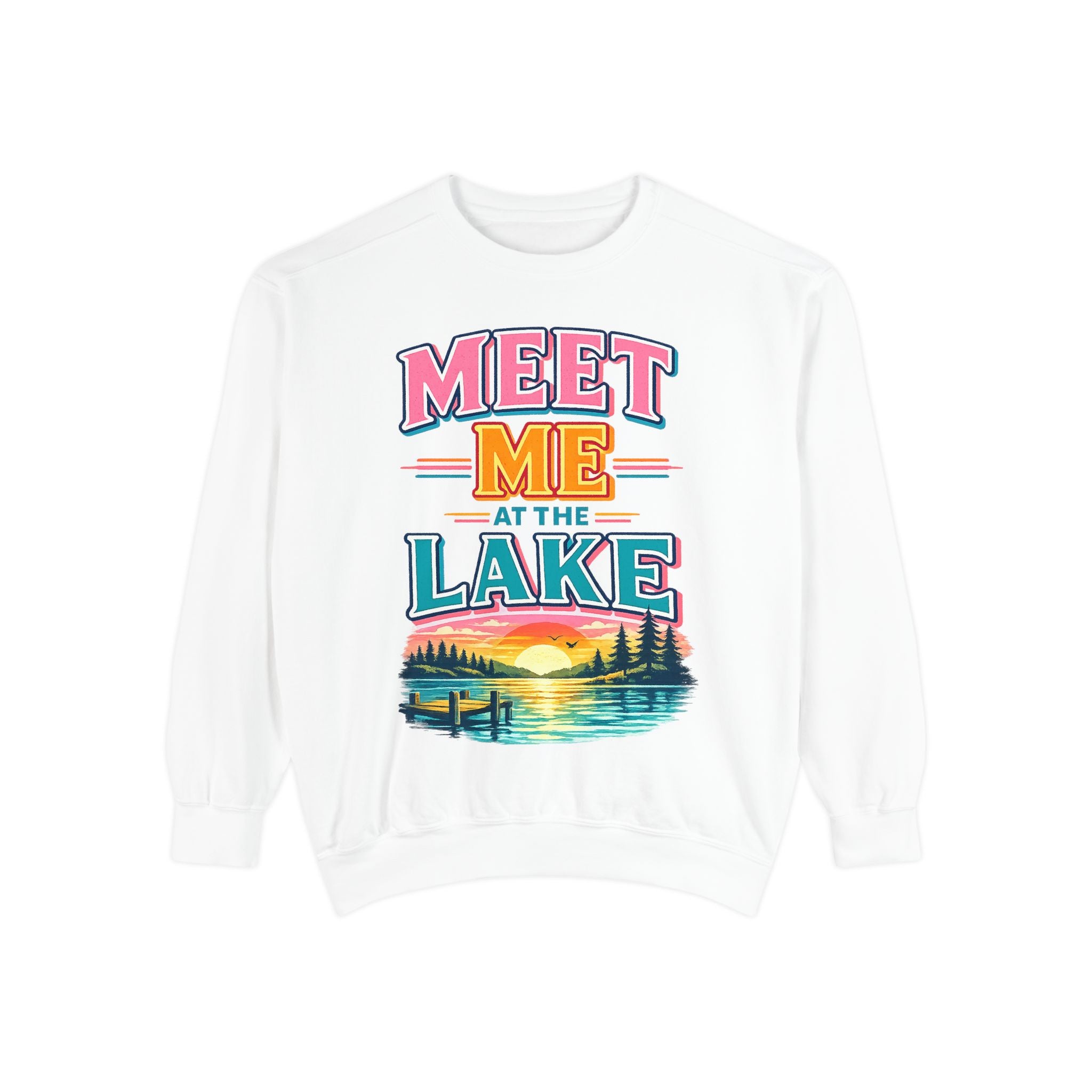 Meet Me at the Lake Sweatshirt — Cozy Retro Sunset Lake Crewneck
