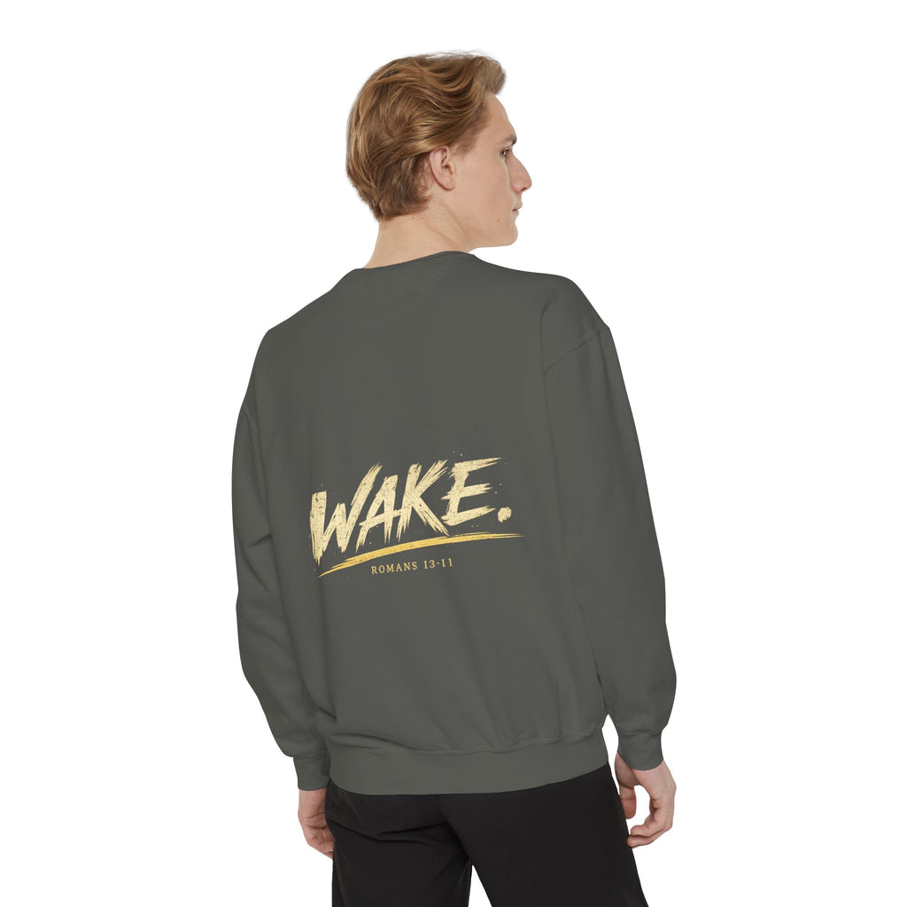 Christian Sweatshirt — “Don’t Be Alarmed, I’m Right Beside You” Inspirational Crewneck (Wake Back Print)