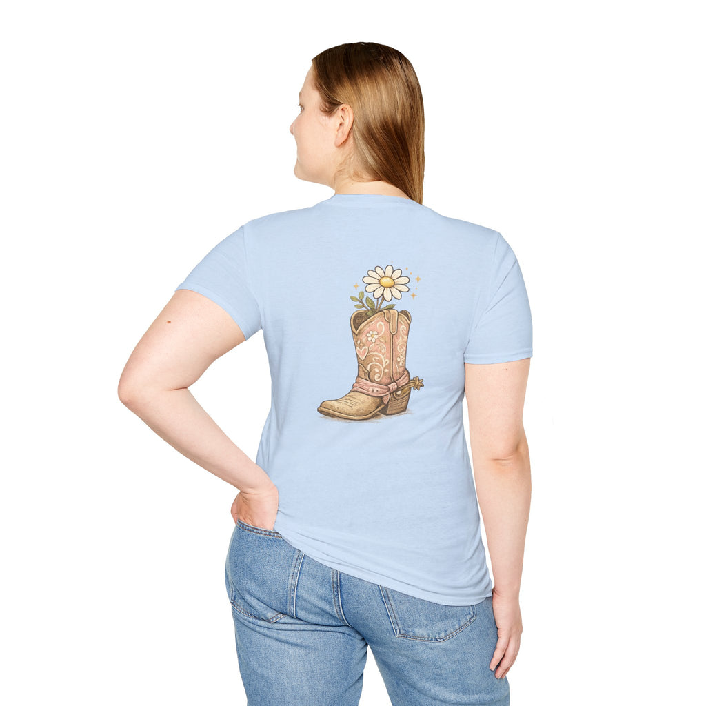 T-Shirt — "Saved & Smiling" Floral Cowboy Boots Christian Graphic Tee