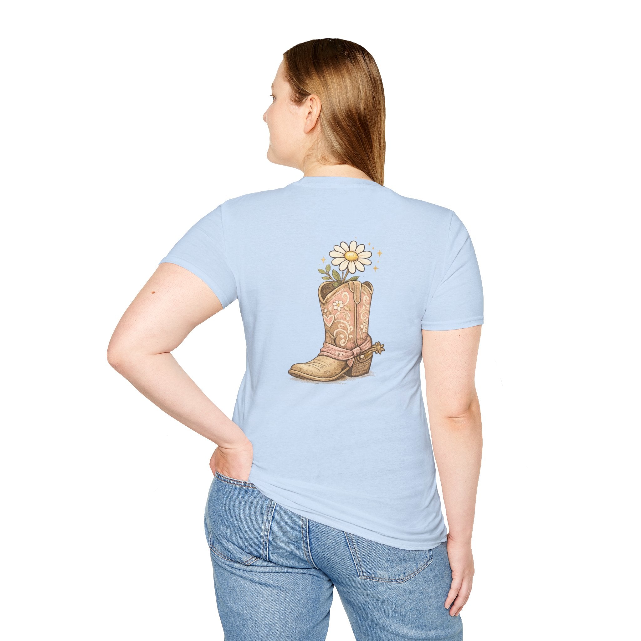 T-Shirt — "Saved & Smiling" Floral Cowboy Boots Christian Graphic Tee