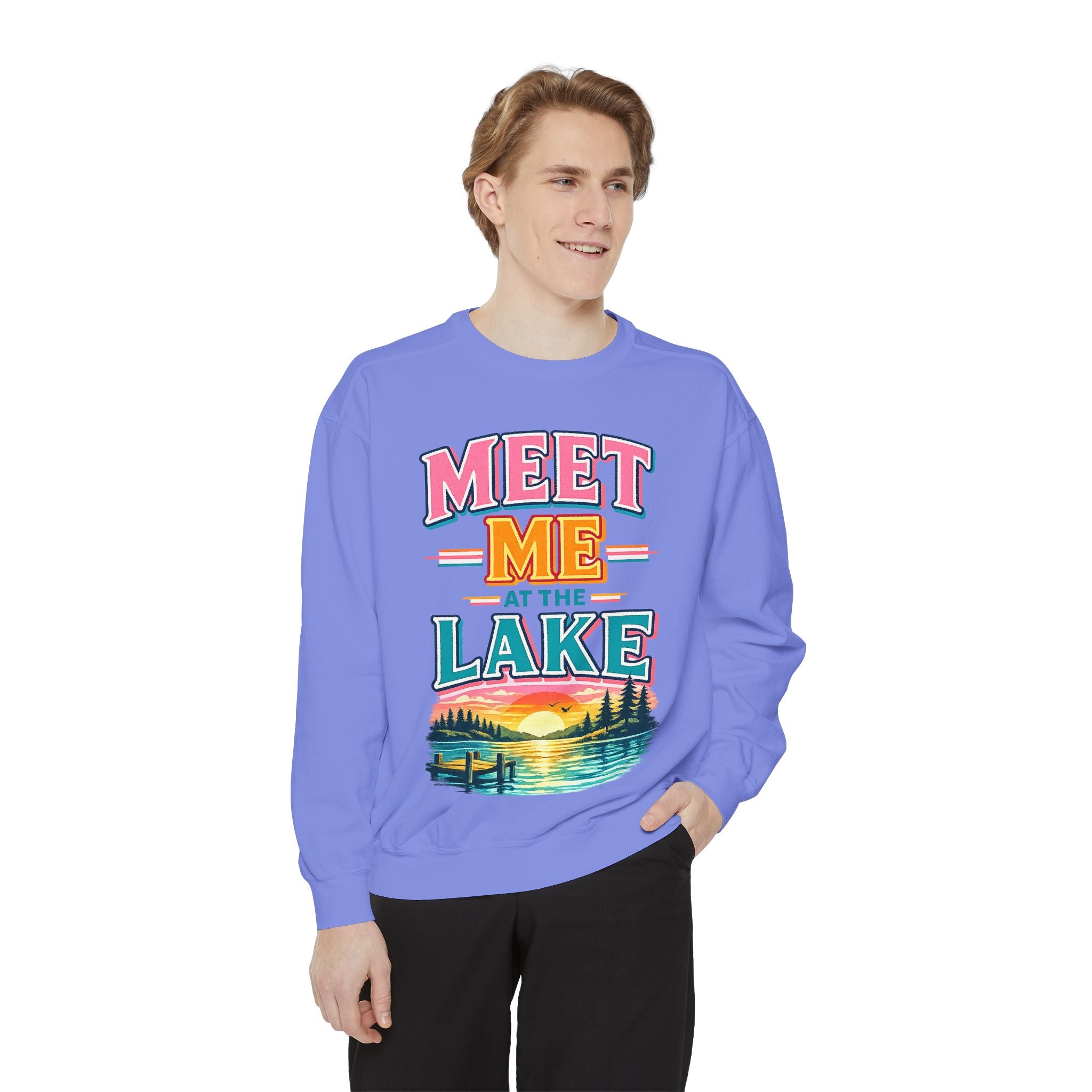 Meet Me at the Lake Sweatshirt — Cozy Retro Sunset Lake Crewneck