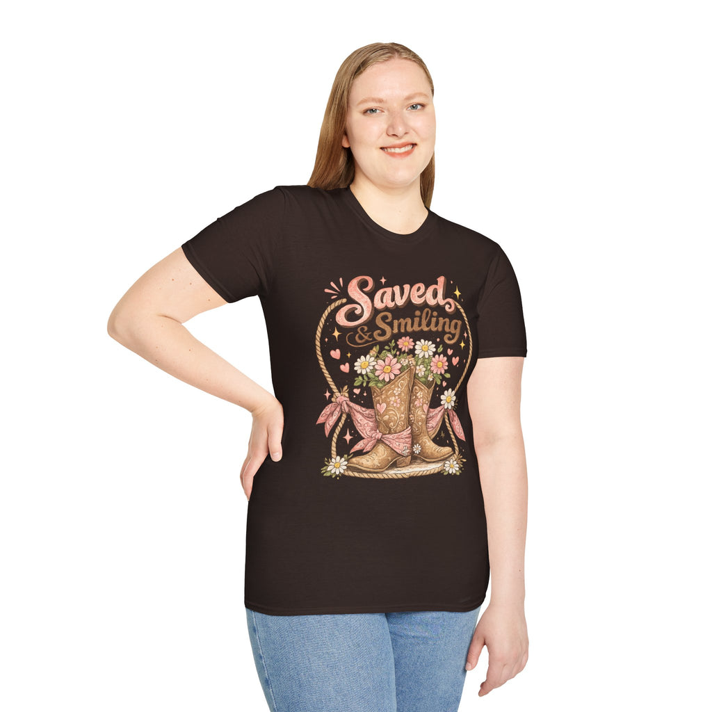 T-Shirt — "Saved & Smiling" Floral Cowboy Boots Christian Graphic Tee