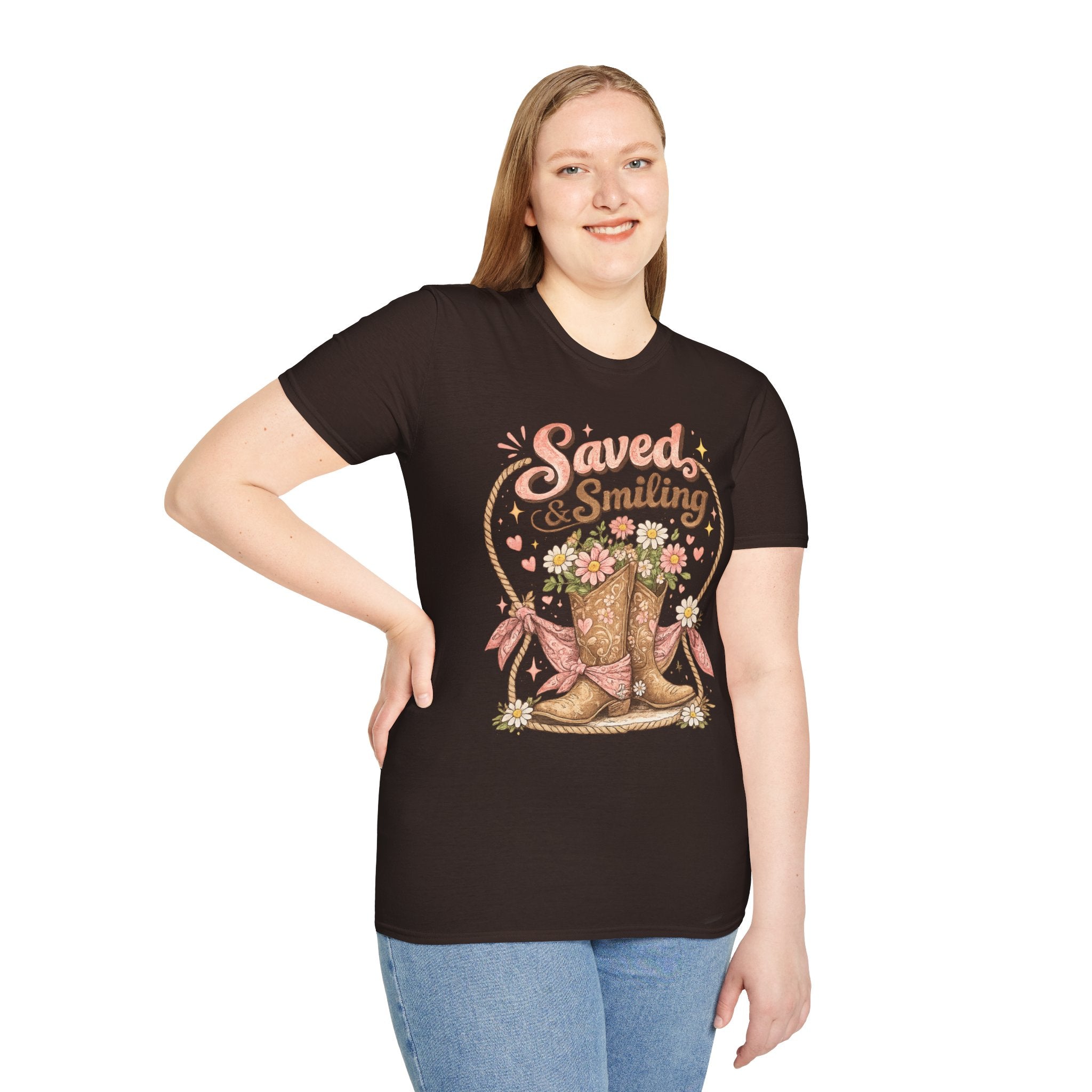 T-Shirt — "Saved & Smiling" Floral Cowboy Boots Christian Graphic Tee