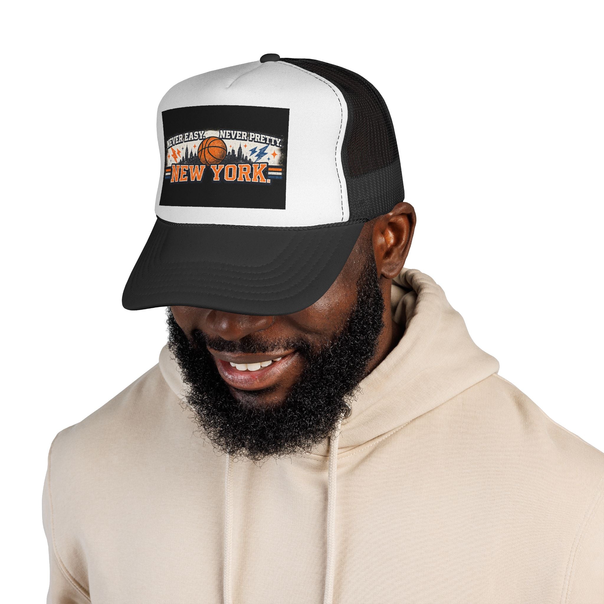 New York Basketball Trucker Cap — "Never Easy, Never Pretty" Vintage Sports Hat