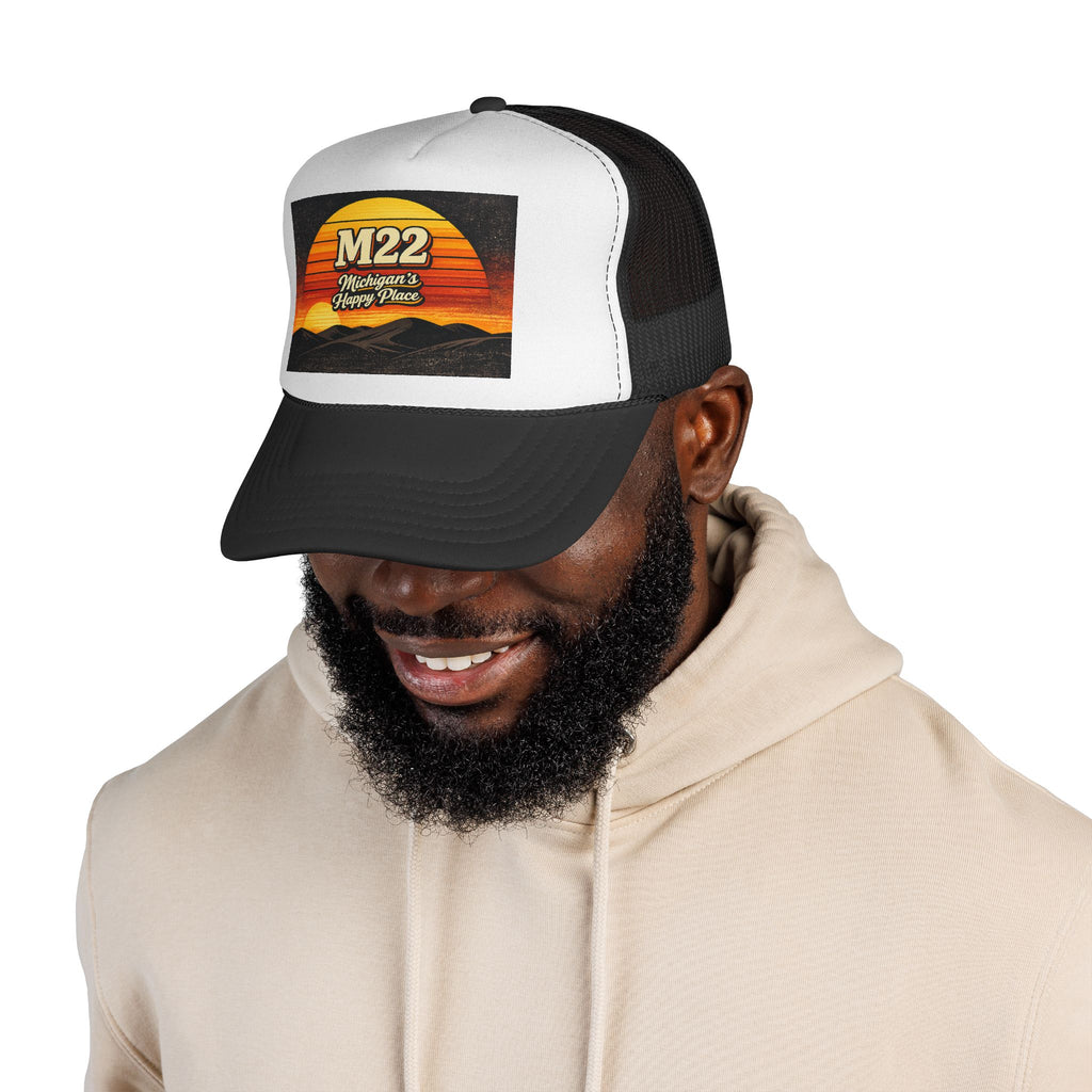 M22 Michigan’s Happy Place Trucker Cap — Retro Sunset Road-Trip Hat