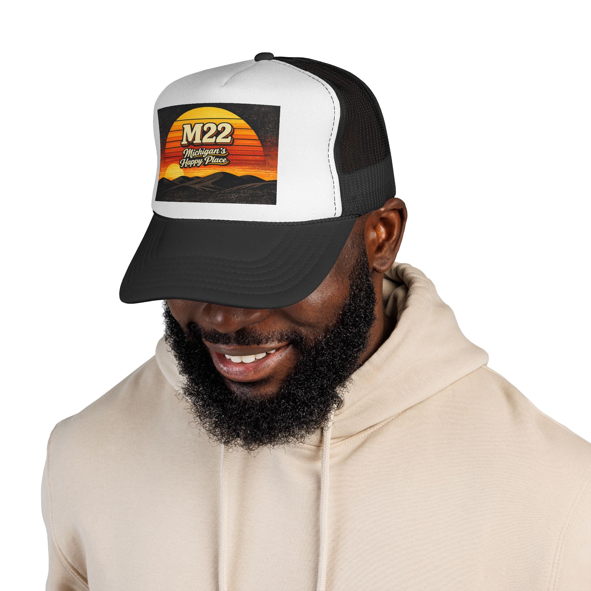 M22 Michigan’s Happy Place Trucker Cap — Retro Sunset Road-Trip Hat