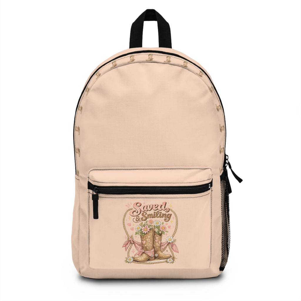 Backpack — "Saved & Settling" Floral Cowboy Boots Retro Travel School Bag