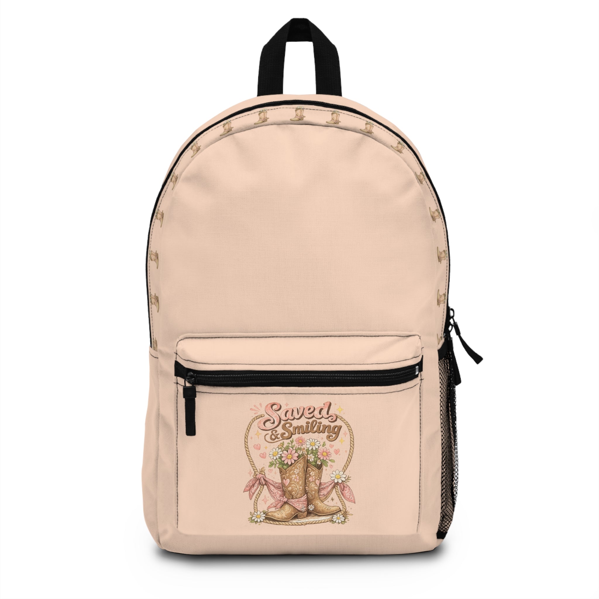 Backpack — "Saved & Settling" Floral Cowboy Boots Retro Travel School Bag