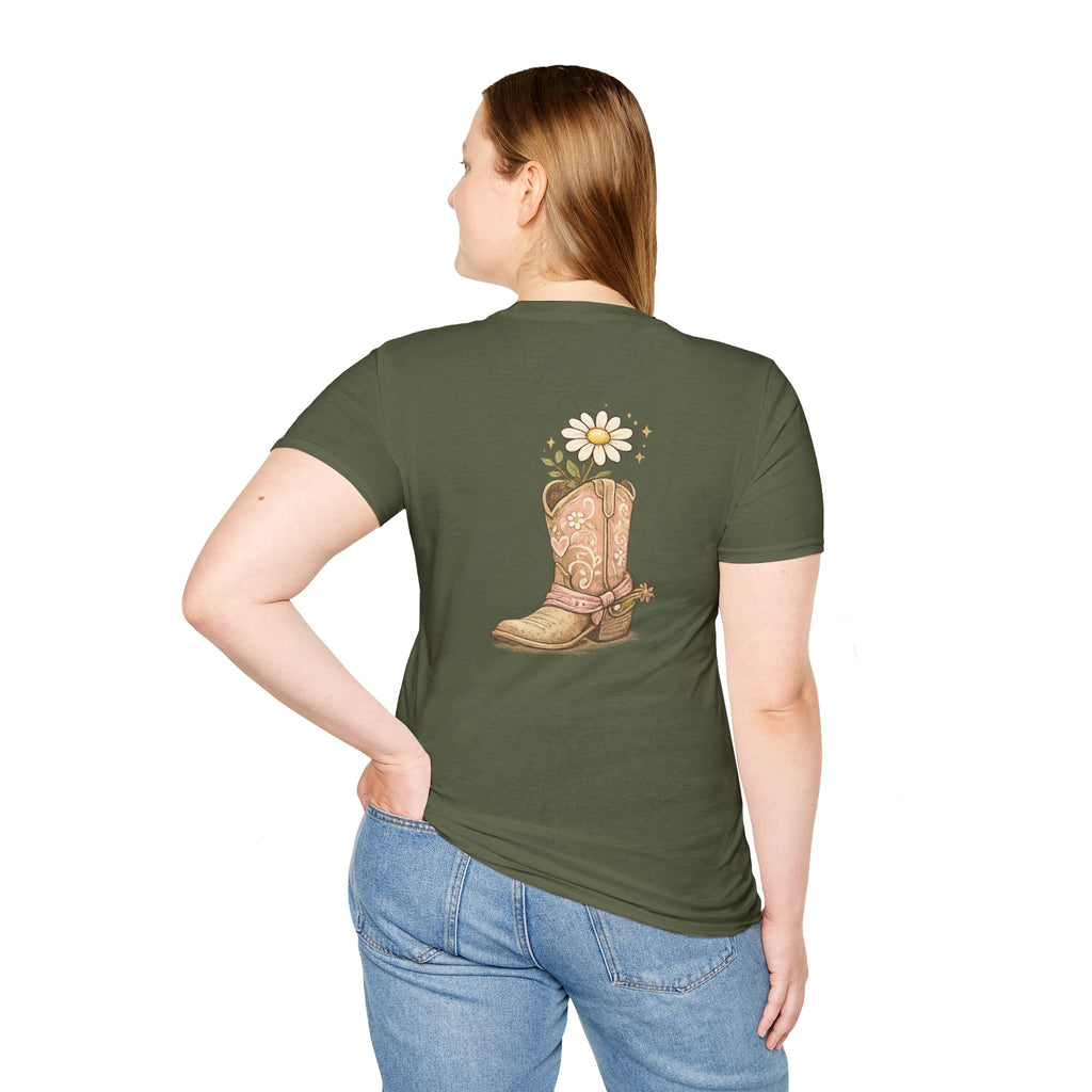 T-Shirt — "Saved & Smiling" Floral Cowboy Boots Christian Graphic Tee