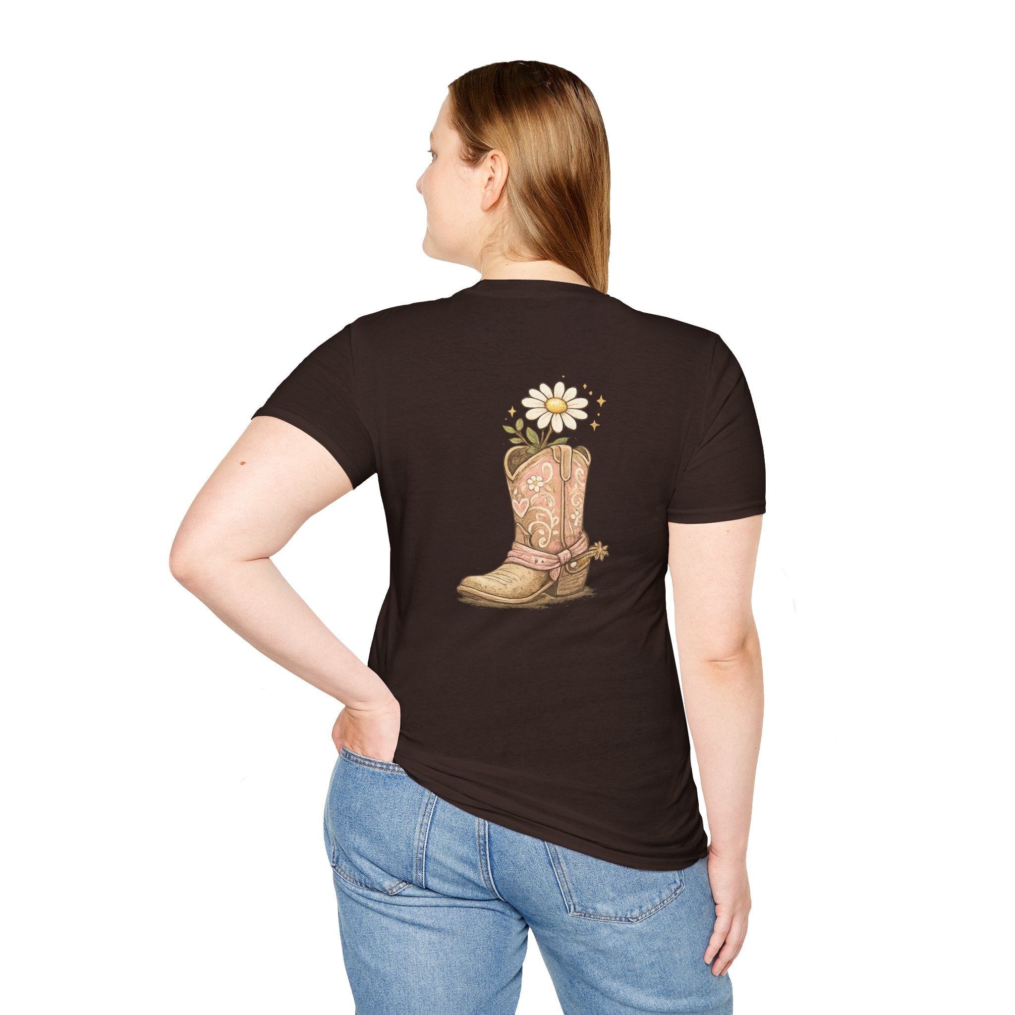 T-Shirt — "Saved & Smiling" Floral Cowboy Boots Christian Graphic Tee