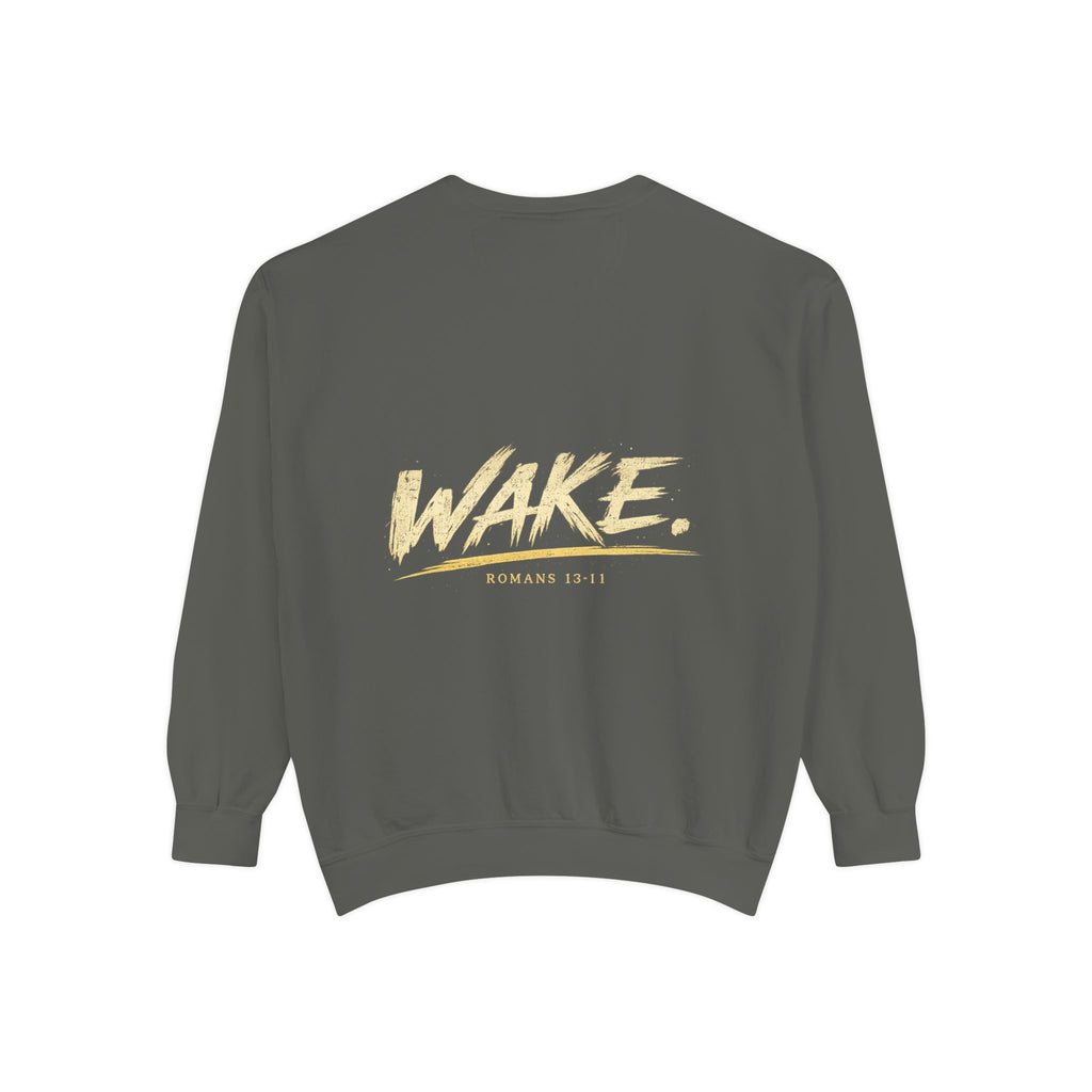 Christian Sweatshirt — “Don’t Be Alarmed, I’m Right Beside You” Inspirational Crewneck (Wake Back Print)