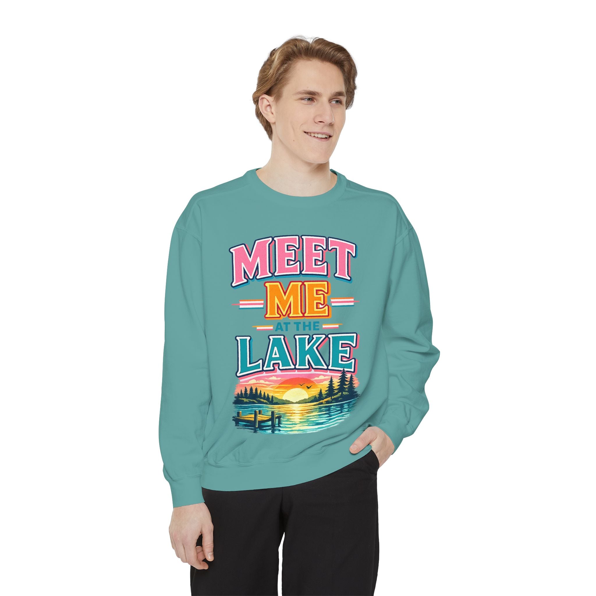 Meet Me at the Lake Sweatshirt — Cozy Retro Sunset Lake Crewneck