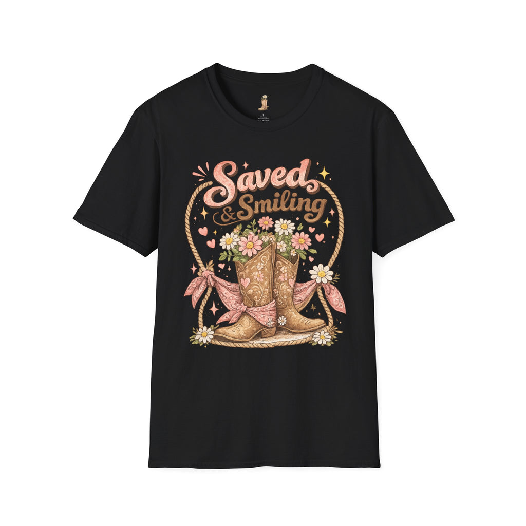 T-Shirt — "Saved & Smiling" Floral Cowboy Boots Christian Graphic Tee
