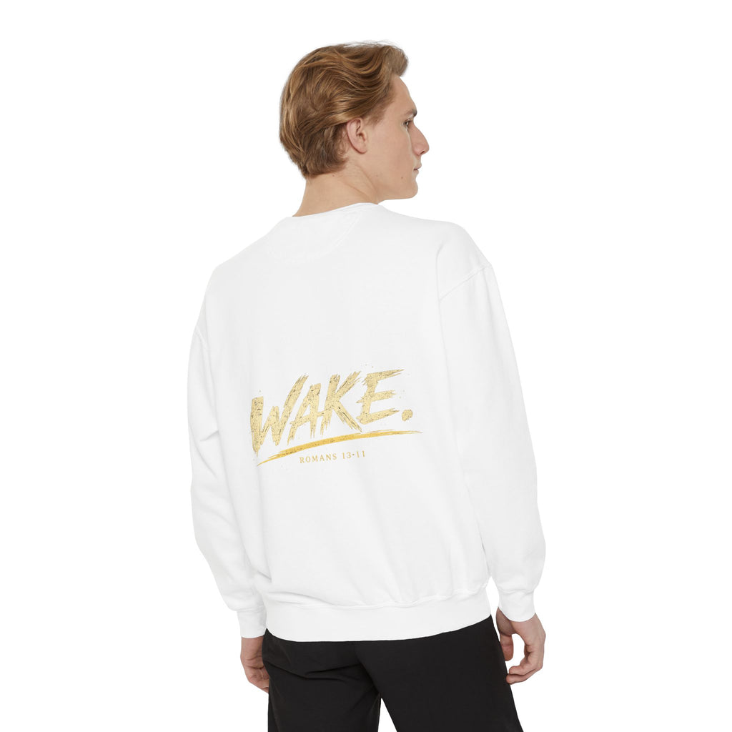 Christian Sweatshirt — “Don’t Be Alarmed, I’m Right Beside You” Inspirational Crewneck (Wake Back Print)