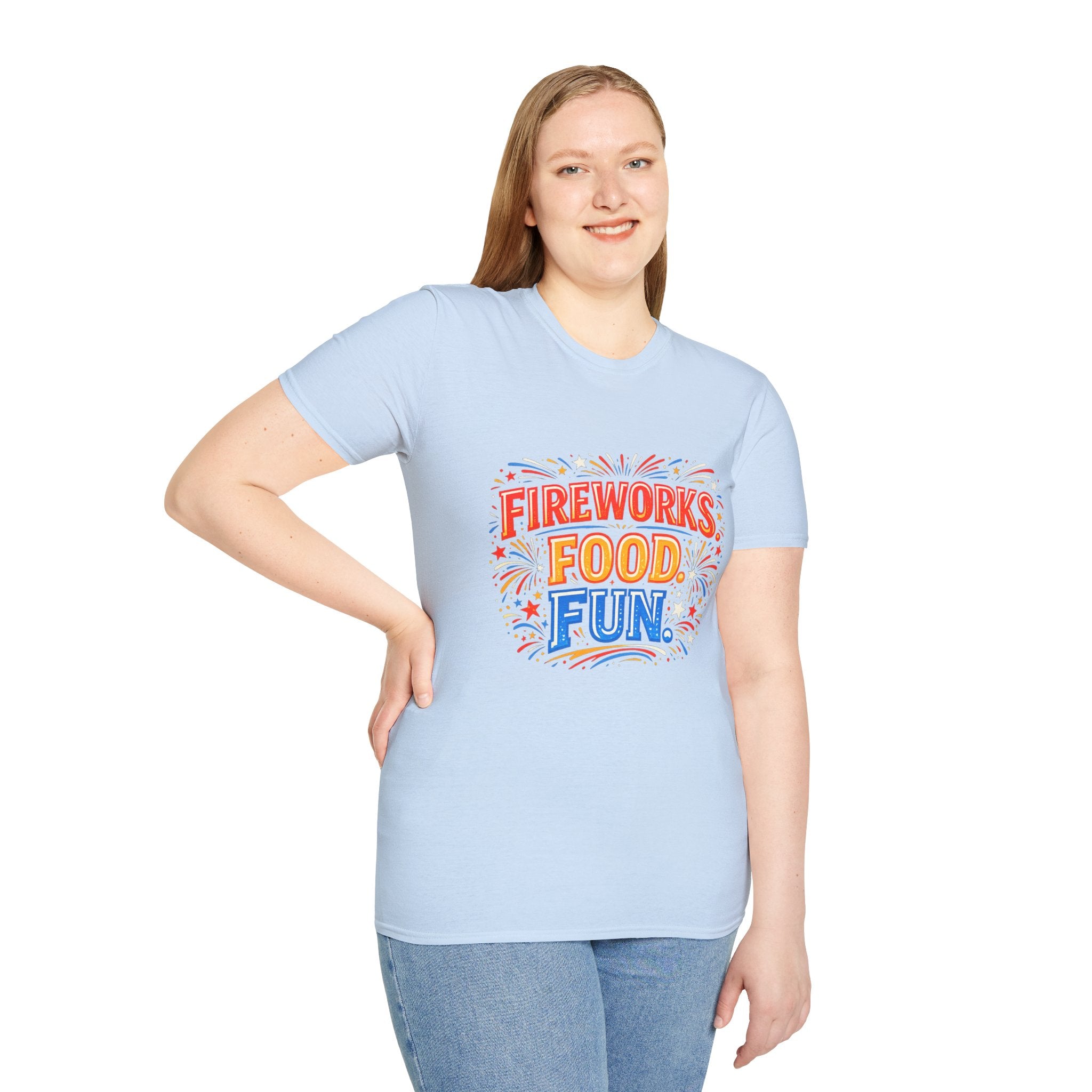 Fireworks, Food & Fun T-Shirt — 4th of July Celebration Tee