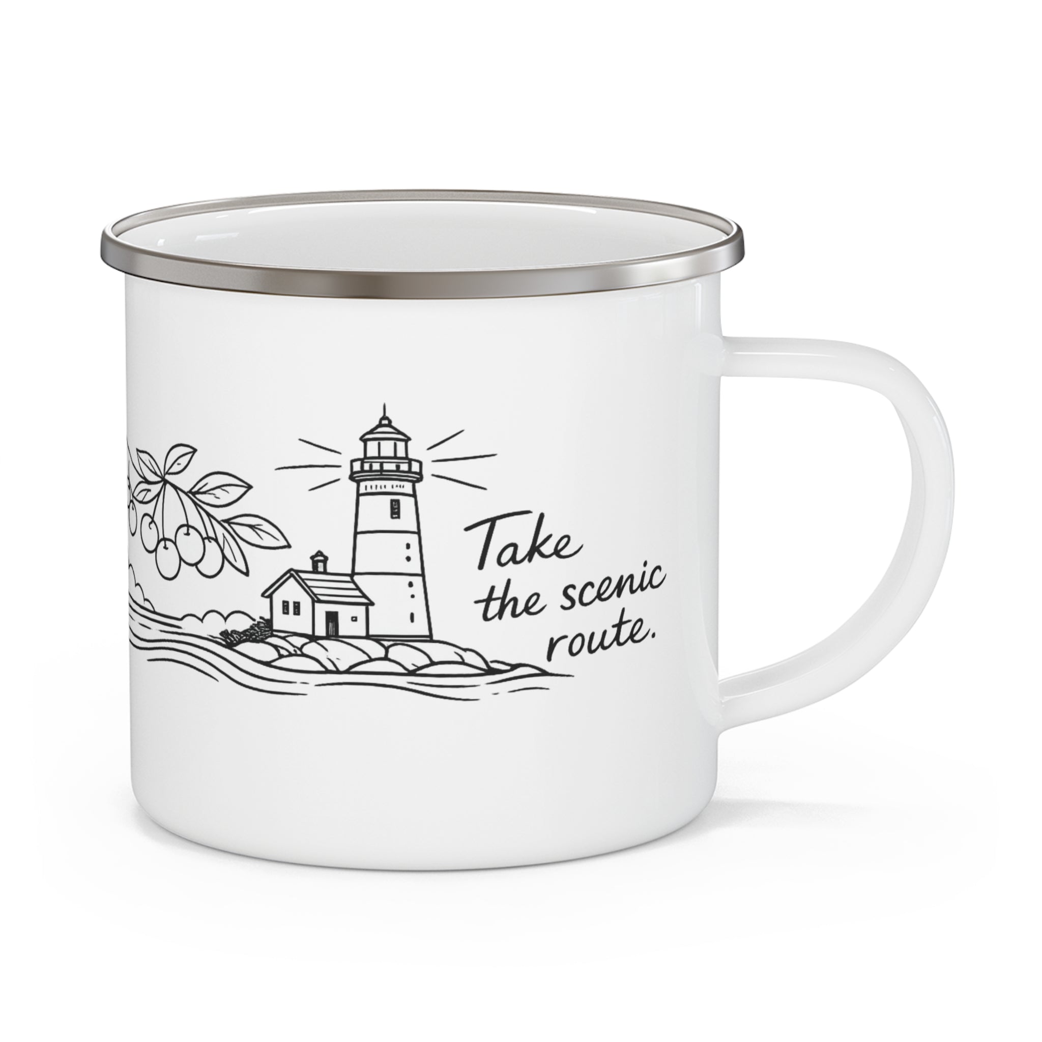 Enamel Camping Mug — 'Take the Scenic Route' Lighthouse Travel Coffee Cup