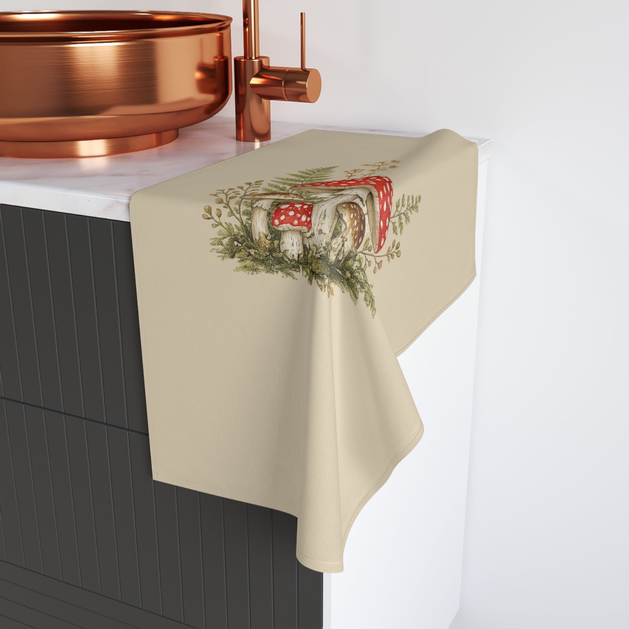 Mushroom Garden Hand Towel — Vintage Red Toadstool Kitchen Towel