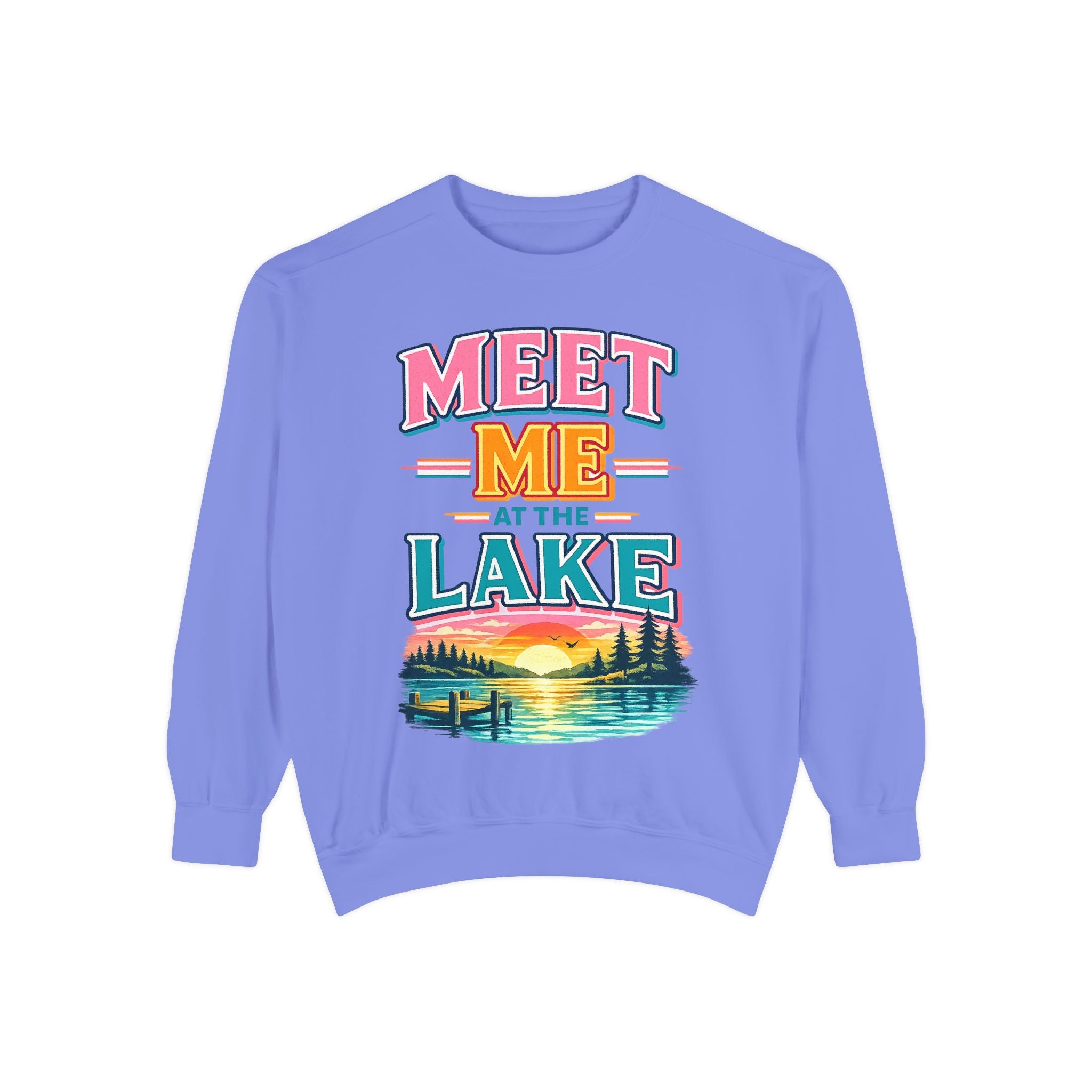 Meet Me at the Lake Sweatshirt — Cozy Retro Sunset Lake Crewneck
