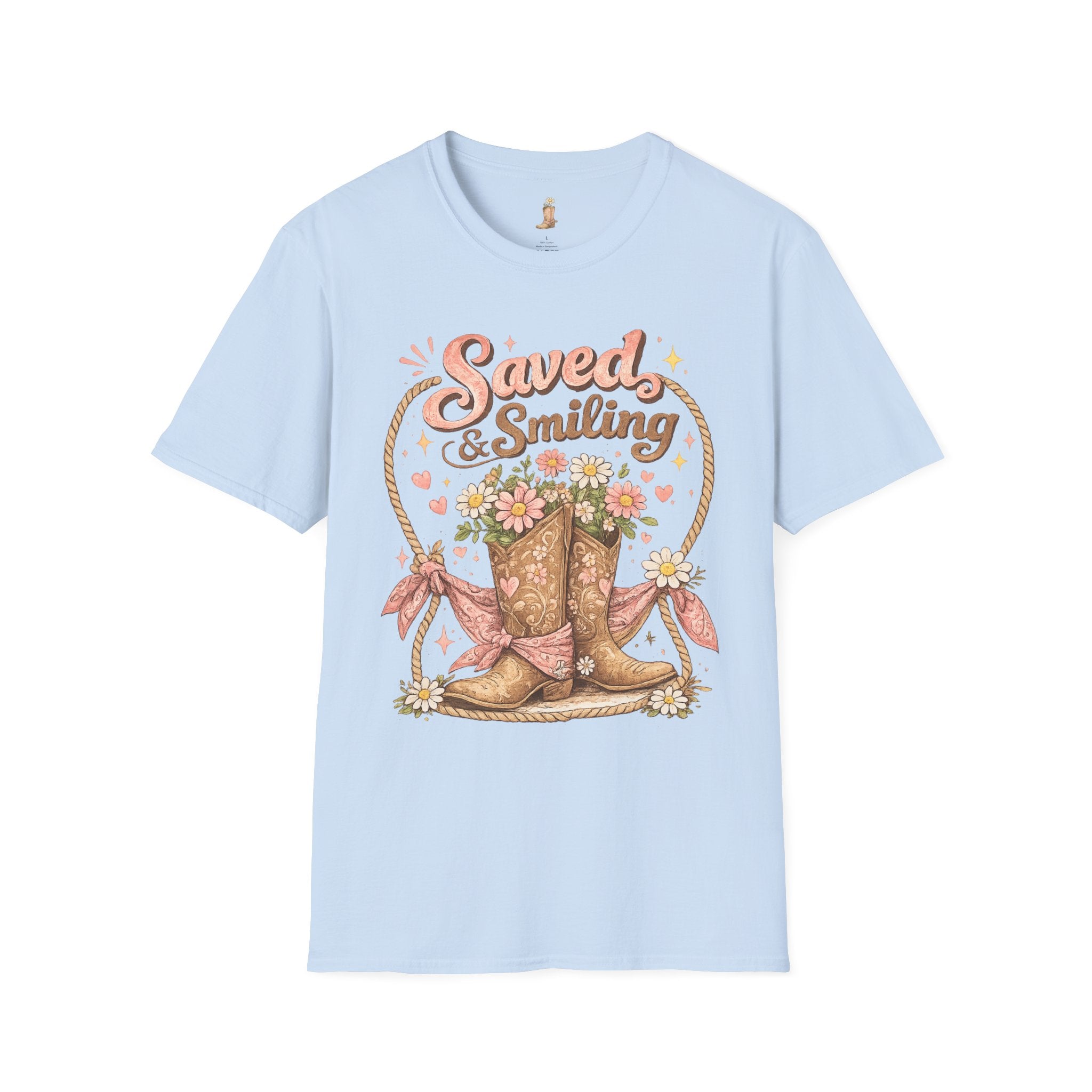 T-Shirt — "Saved & Smiling" Floral Cowboy Boots Christian Graphic Tee