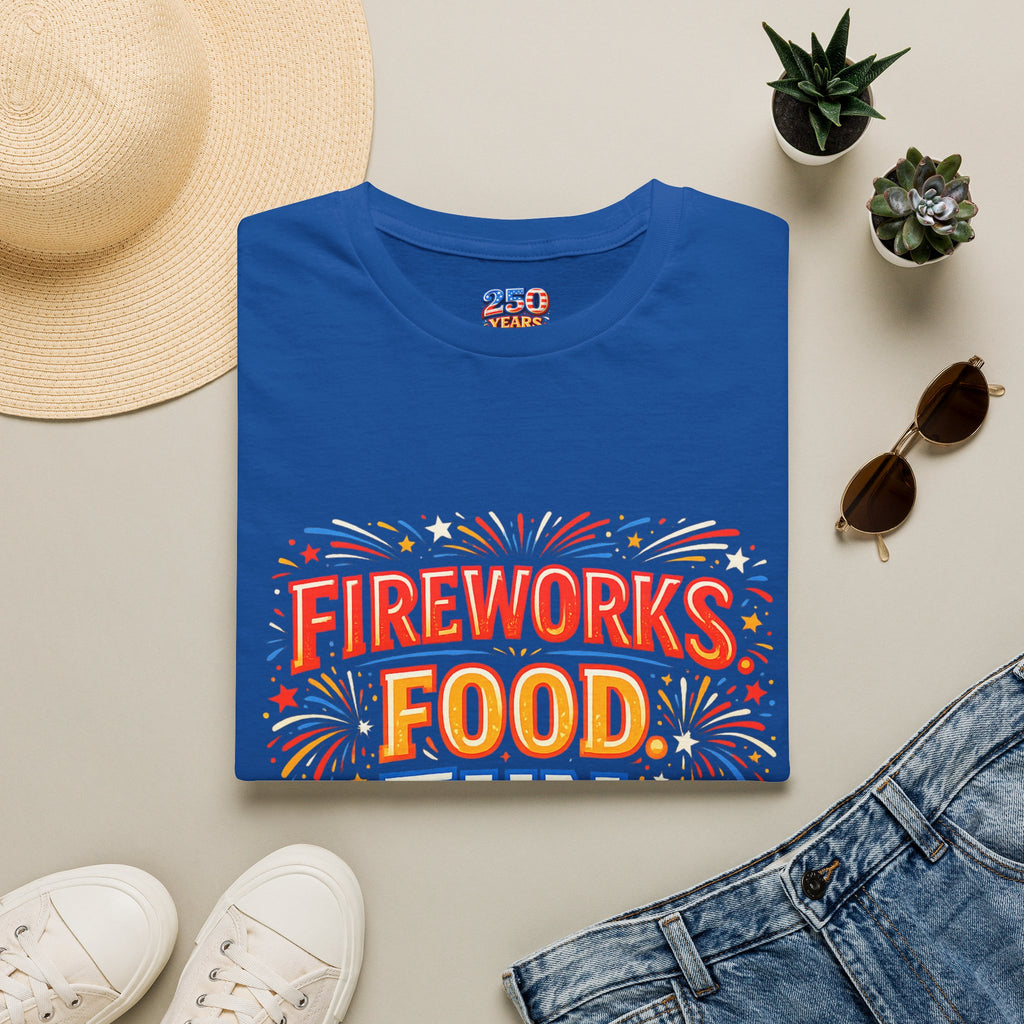 Fireworks, Food & Fun T-Shirt — 4th of July Celebration Tee