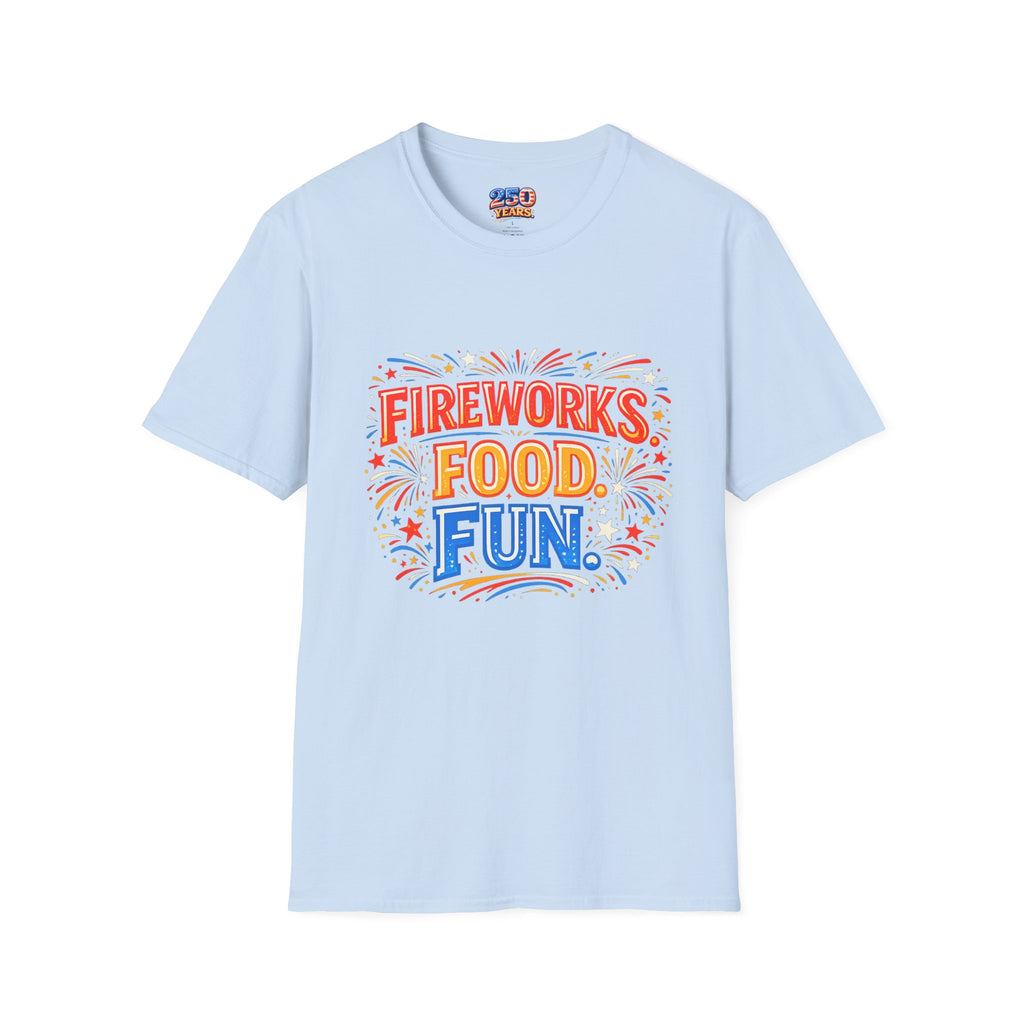 Fireworks, Food & Fun T-Shirt — 4th of July Celebration Tee
