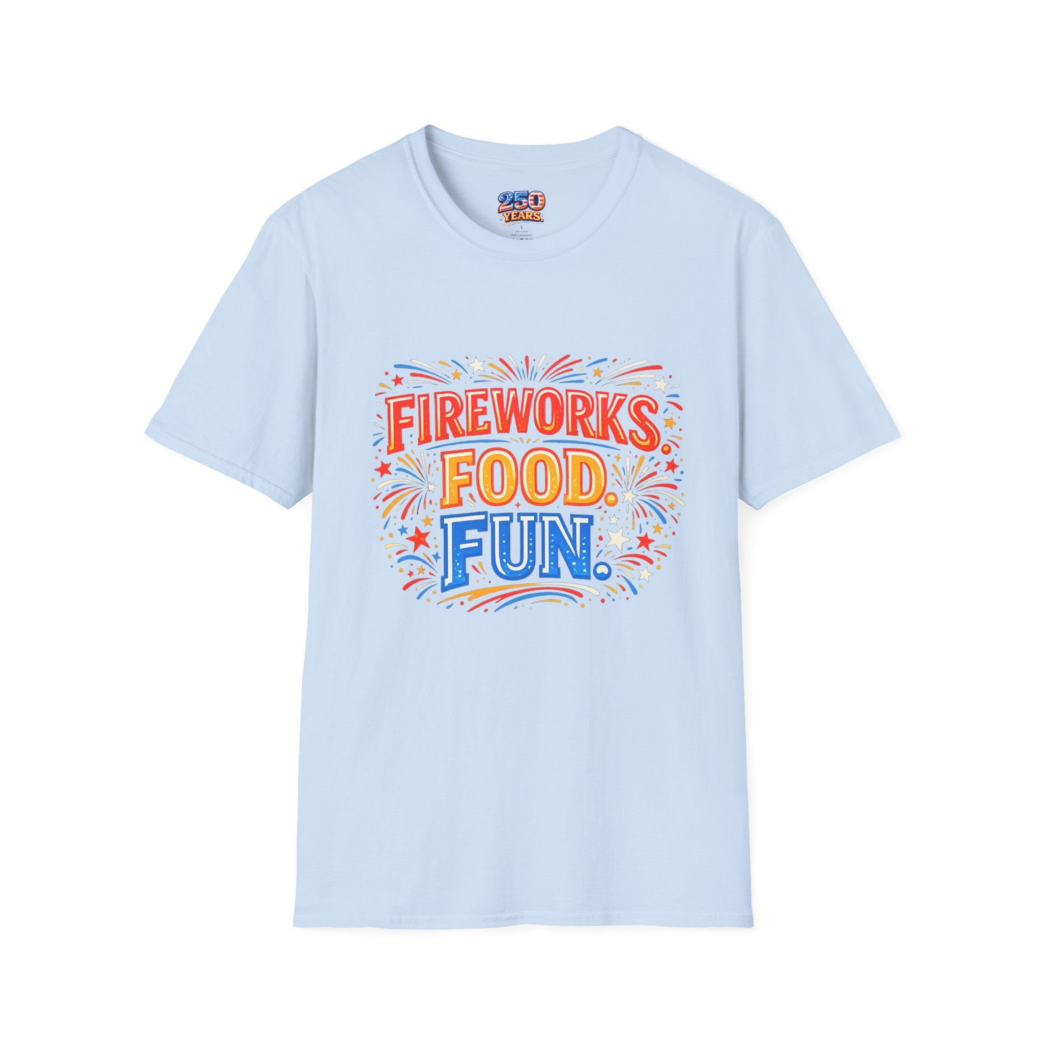 Fireworks, Food & Fun T-Shirt — 4th of July Celebration Tee