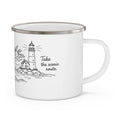 Enamel Camping Mug — 'Take the Scenic Route' Lighthouse Travel Coffee Cup