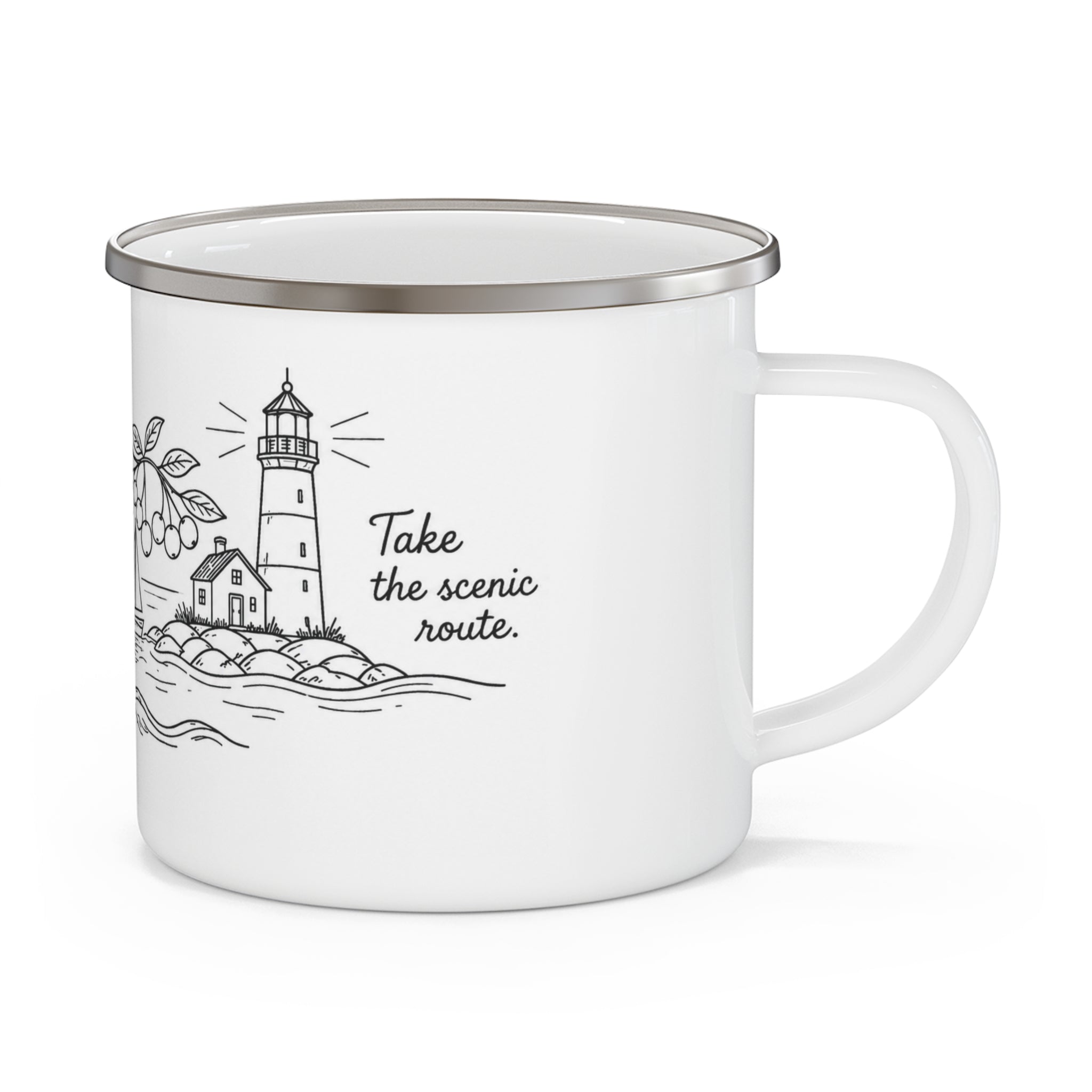 Enamel Camping Mug — 'Take the Scenic Route' Lighthouse Travel Coffee Cup