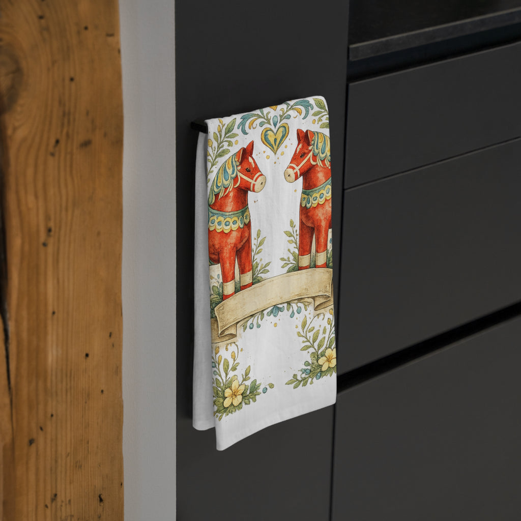 Scandinavian Dala Horse Tea Towel – Rustic Folk Art Kitchen Linen