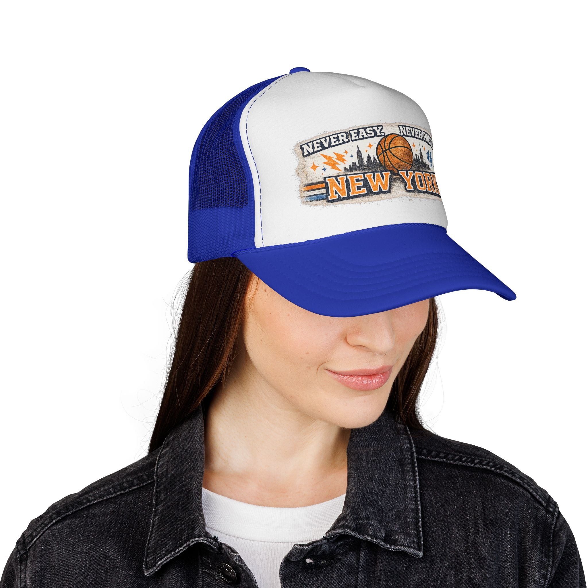 New York Basketball Trucker Hat — "Never Easy, Never Pretty" Vintage Sports Cap