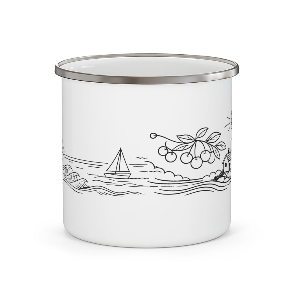 Enamel Camping Mug — 'Take the Scenic Route' Lighthouse Travel Coffee Cup