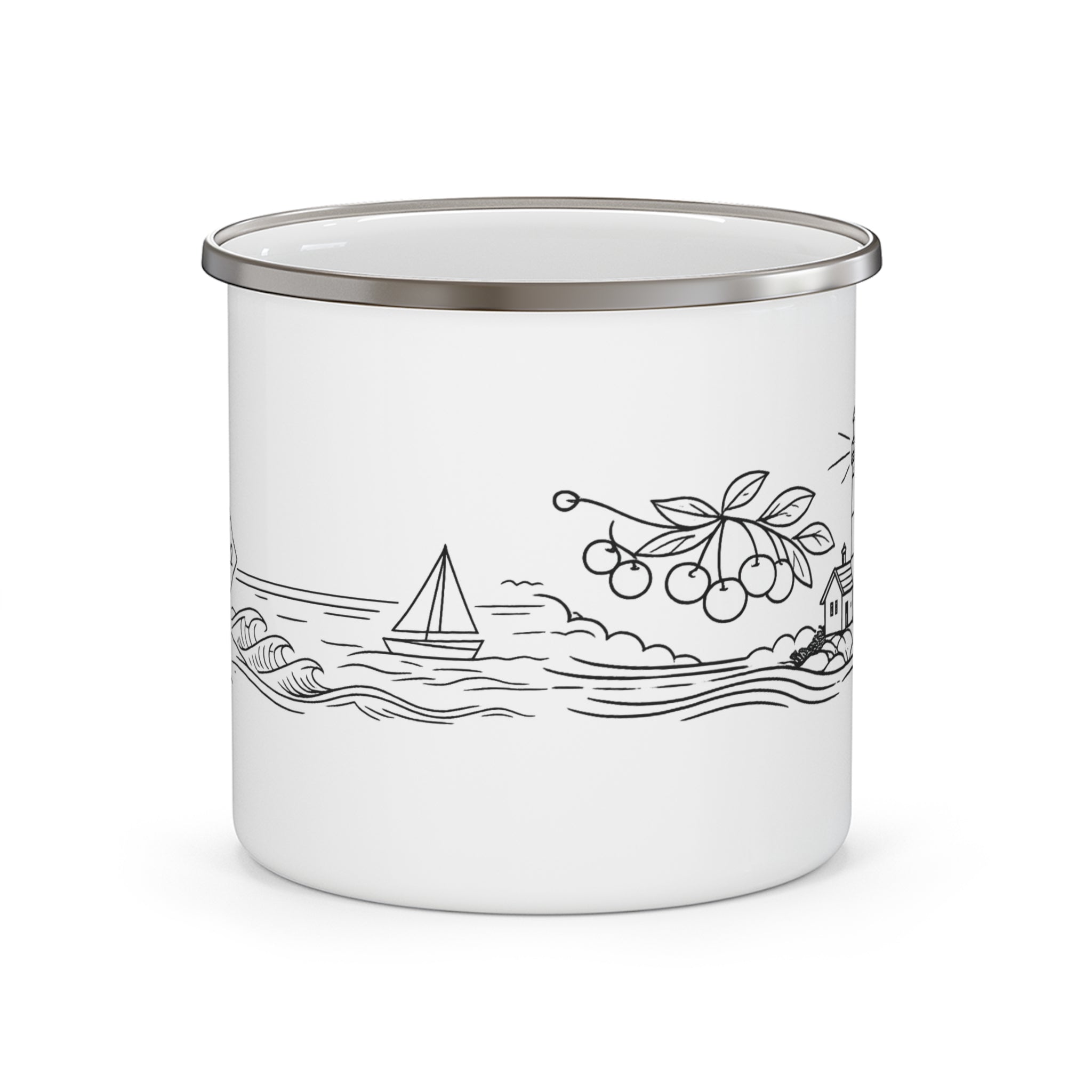 Enamel Camping Mug — 'Take the Scenic Route' Lighthouse Travel Coffee Cup