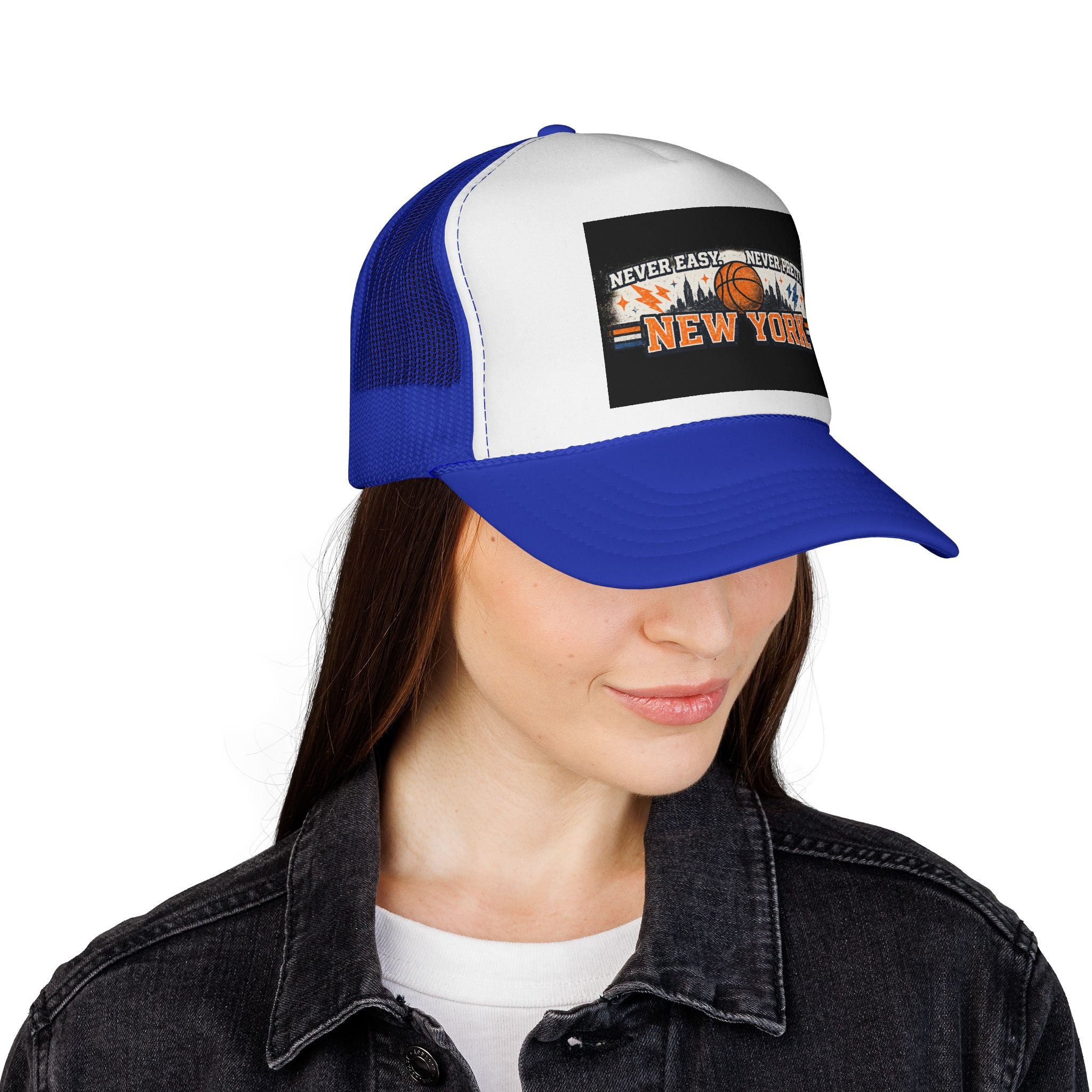 New York Basketball Trucker Cap — "Never Easy, Never Pretty" Vintage Sports Hat