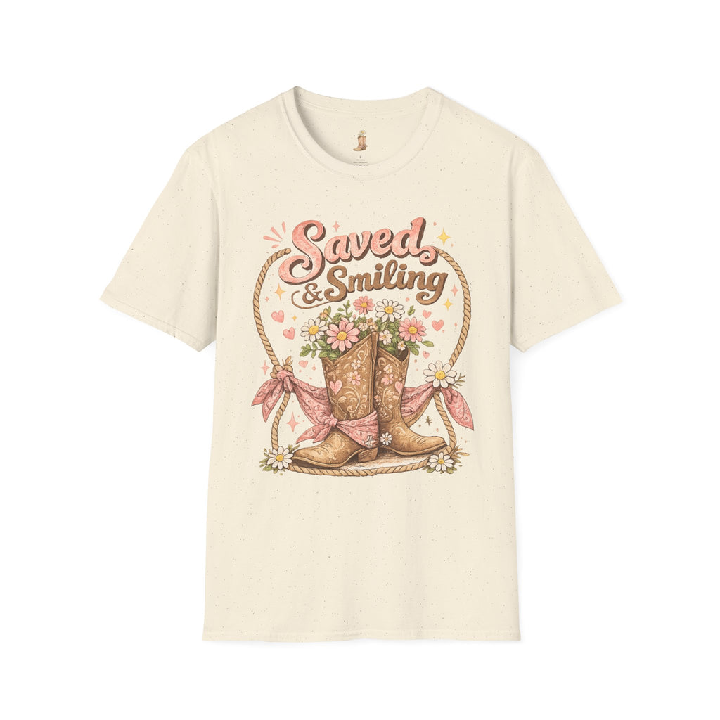 T-Shirt — "Saved & Smiling" Floral Cowboy Boots Christian Graphic Tee