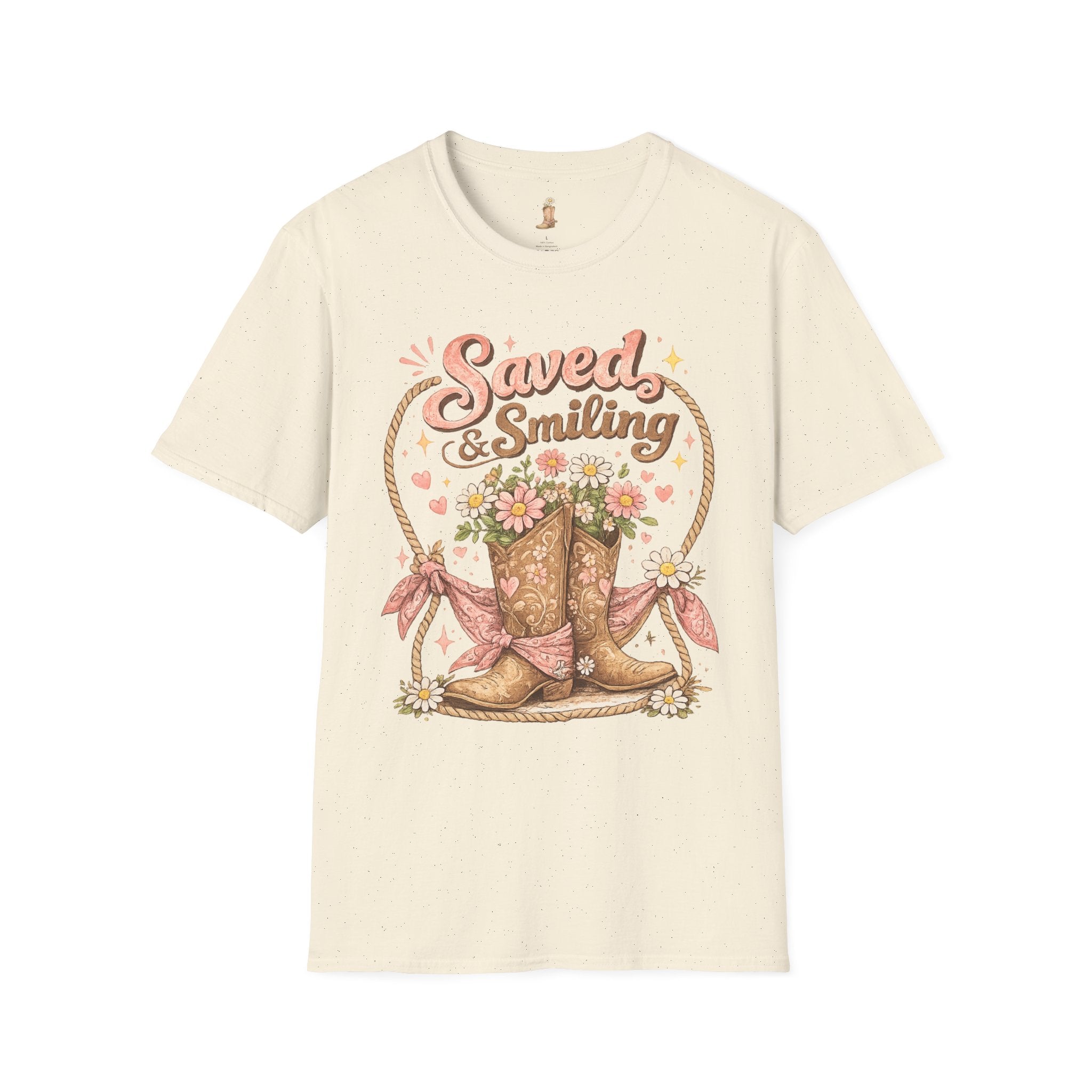 T-Shirt — "Saved & Smiling" Floral Cowboy Boots Christian Graphic Tee