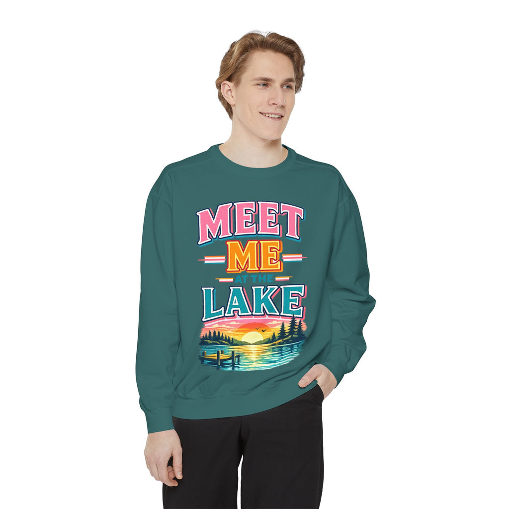 Meet Me at the Lake Sweatshirt — Cozy Retro Sunset Lake Crewneck