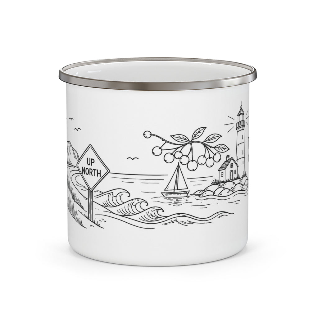Enamel Camping Mug — 'Take the Scenic Route' Lighthouse Travel Coffee Cup