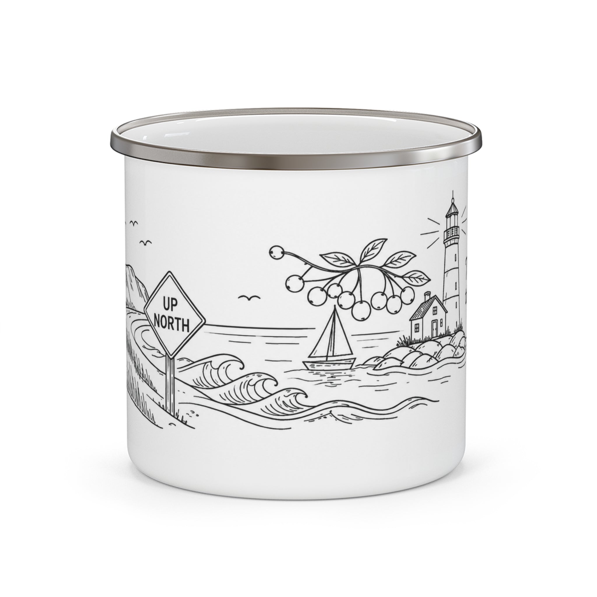 Enamel Camping Mug — 'Take the Scenic Route' Lighthouse Travel Coffee Cup